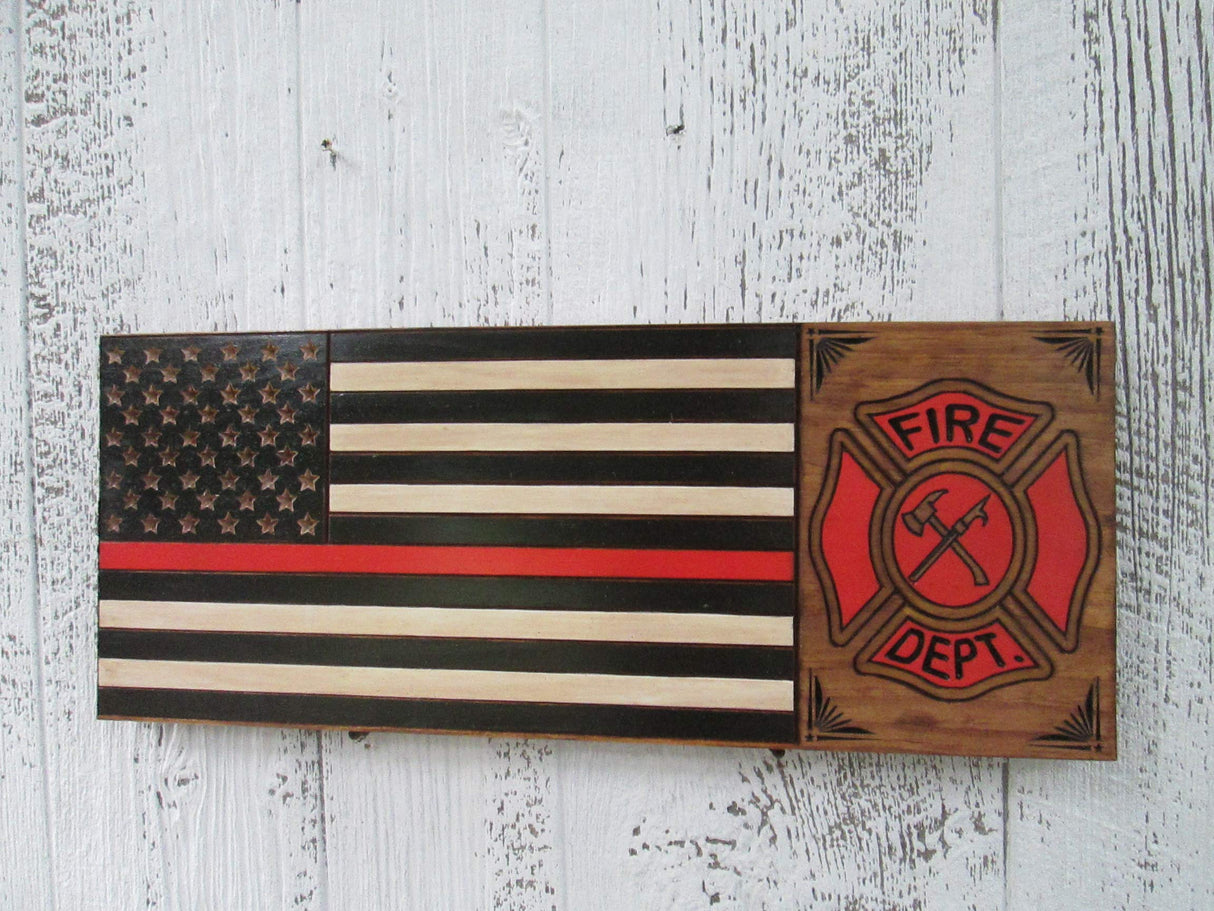 Thin Red Line Fire Fighters Flag, Custom Carved Wooden Sign, Personalized Fireman Sign, FLAG105 Southern Made Signs
