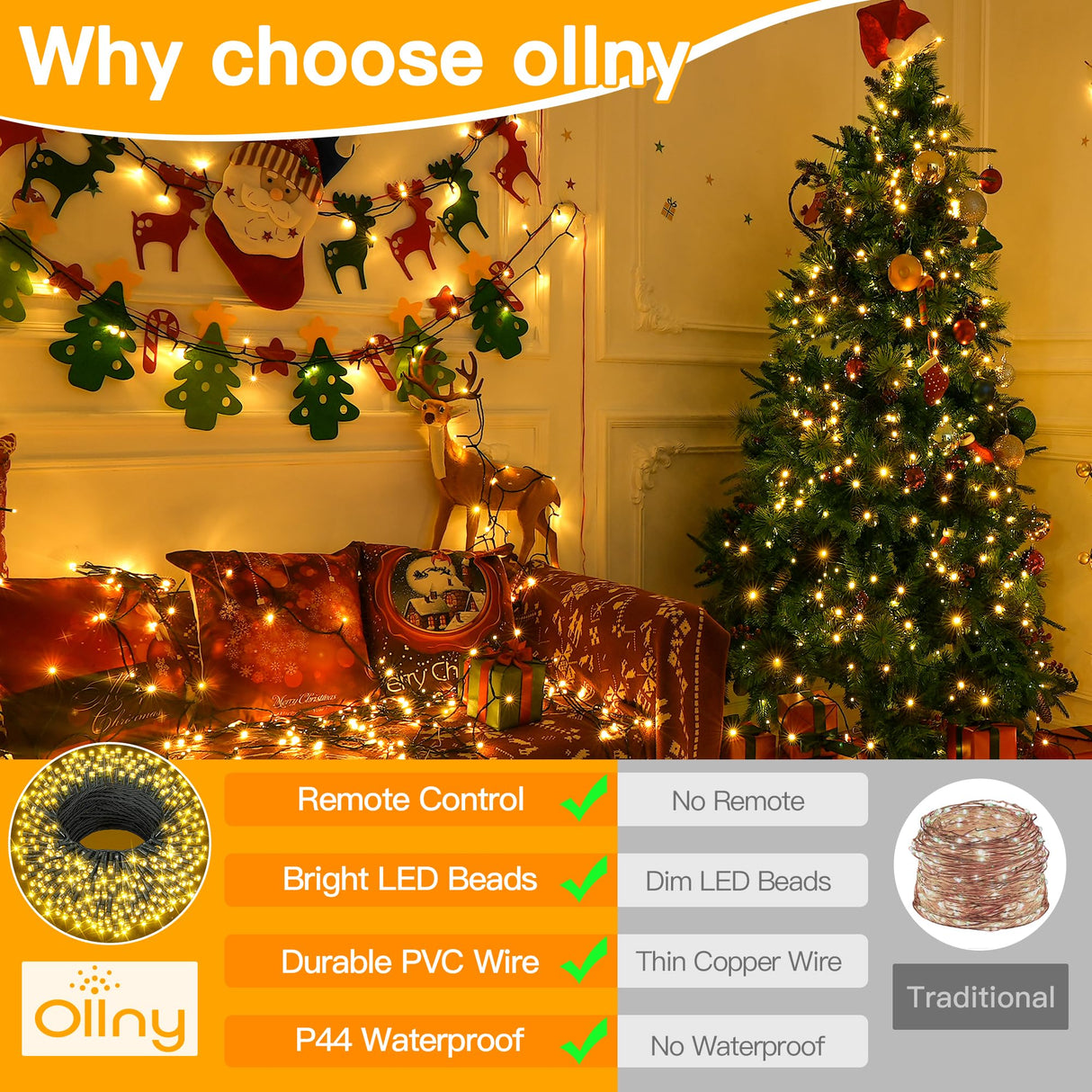 Ollny Christmas Lights 262FT 800LED, Plug-in Outside Tree Lights with Timer and 8 Modes, Remote Control Waterproof Dimmable Outdoor String Lights for House Yard Patio Xmas Decorations(Warm White) Ollny