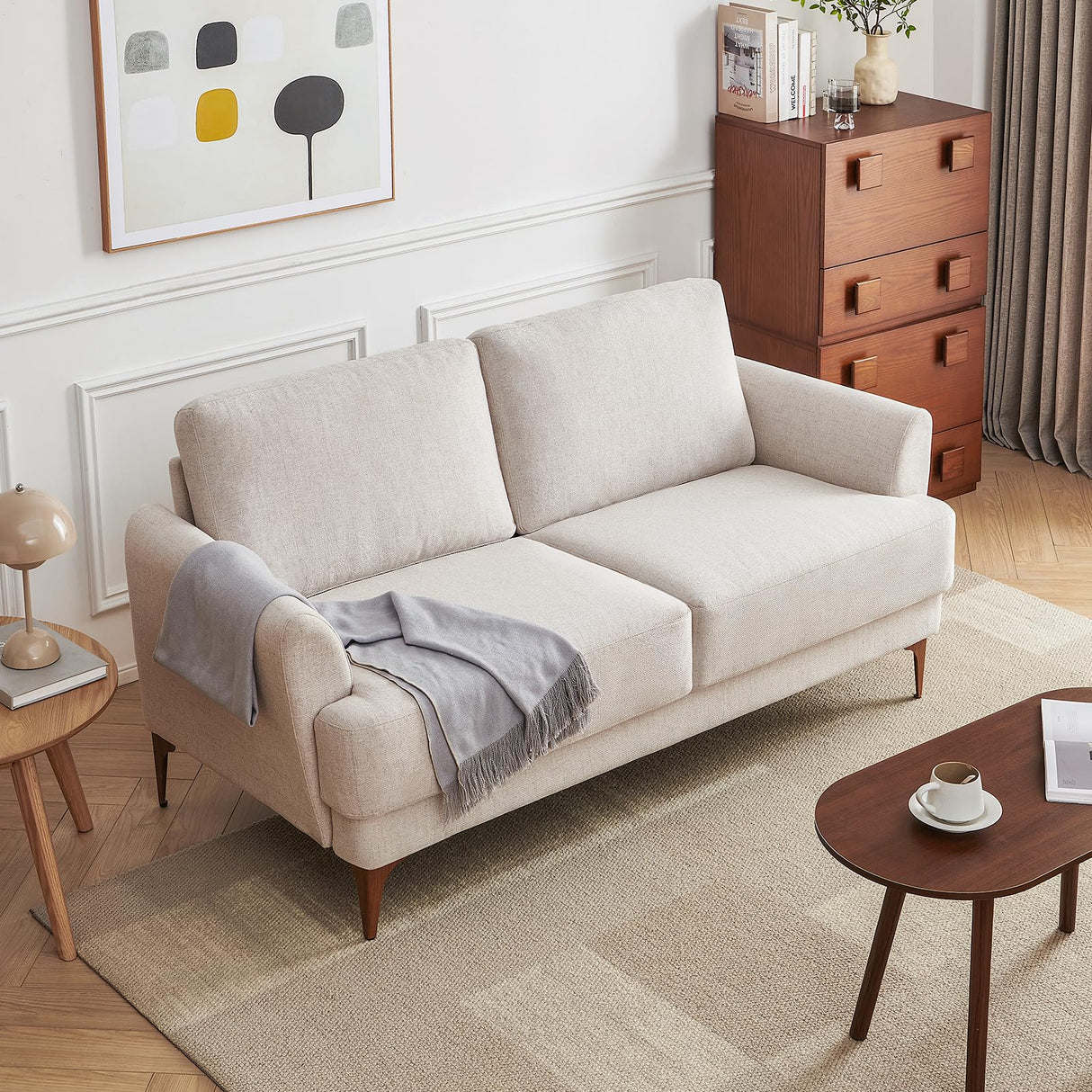 Atopston 63" Fabric Loveseat Sofa, Mid-Century Modern Decor 2 Seater Love Seat Couches, Comfy Armrest Small Couch with Wood Grain Legs for Living Room Apartment, Beige Fabric Atopston