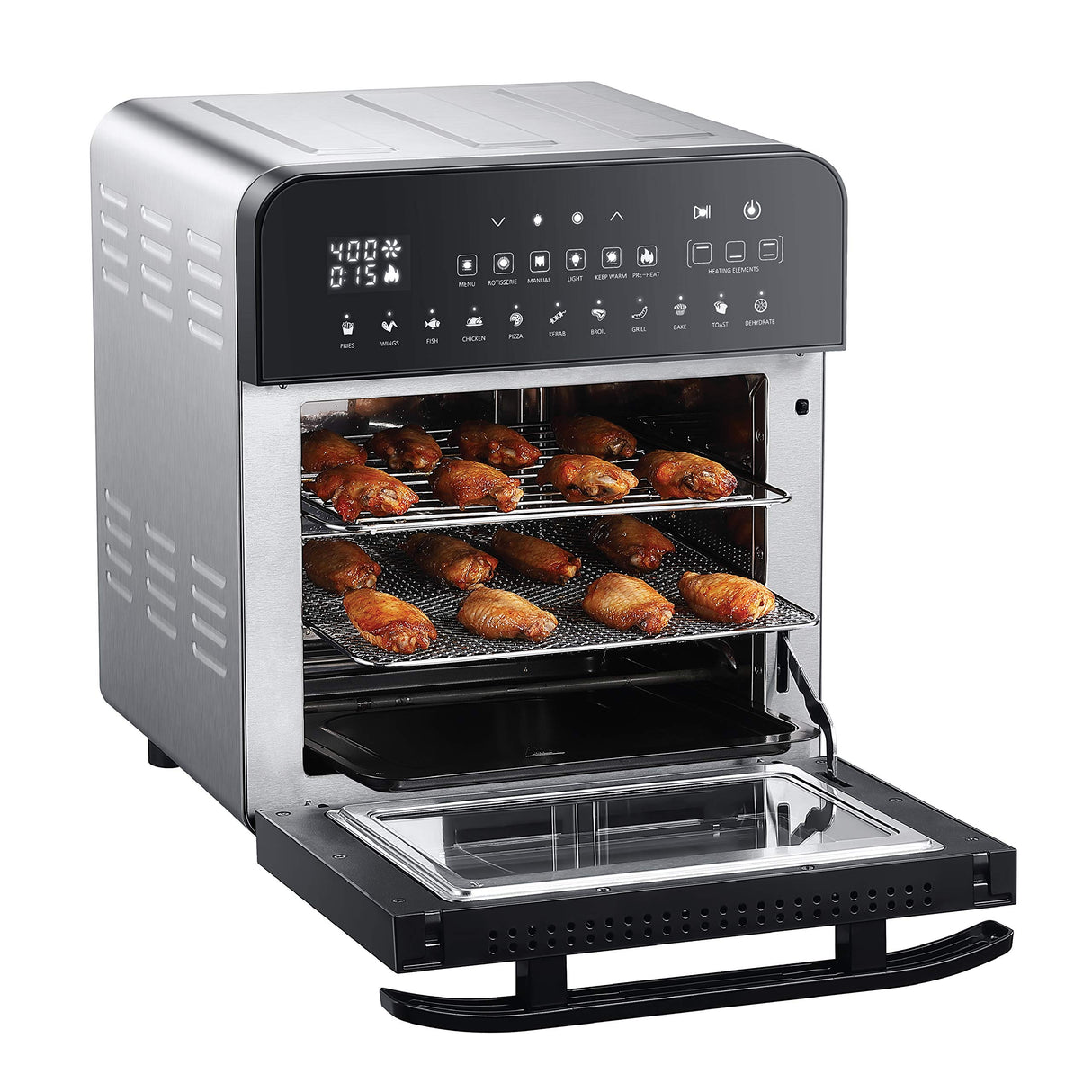 GoWISE USA 14.7-Quart Air Fryer Grill with Dual Heating Elements & Oven with Rotisserie, Dehydrator, Preheat and Broil Functions + 11 Accessories with 2 Recipe Books (Stainless Steel/Black), Ultimate GoWISE USA