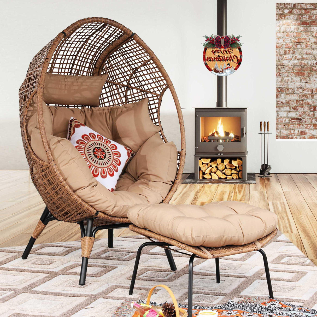 NICESOUL Egg Chair Indoor Outdoor, Large Egg Lounge Chair w/Ottoman, Oversized Comfy Cushioned Brid Cage Seat 440lbs, Boho Nest Seat with Footstool for Patio, Bedroom, Lawn, Backyard, Brown NICESOUL