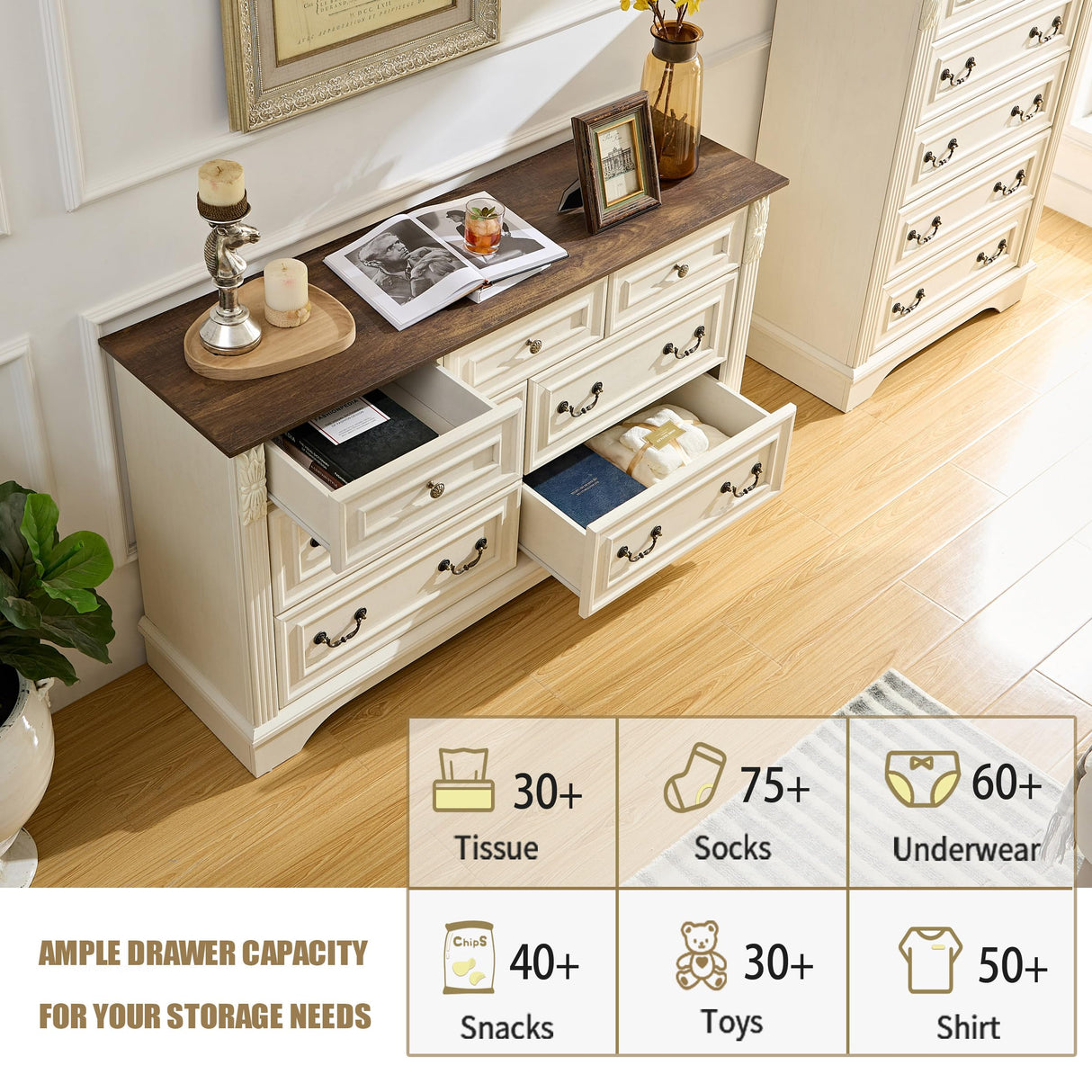 BOSHIRO 7 Drawers Dresser, Farmhouse Dressers for Bedroom, 54" Wide Wood Rustic Chest of Drawers with Carved Pilasters, Storage Organizer, Living Room, Hallway, Antique White BOSHIRO