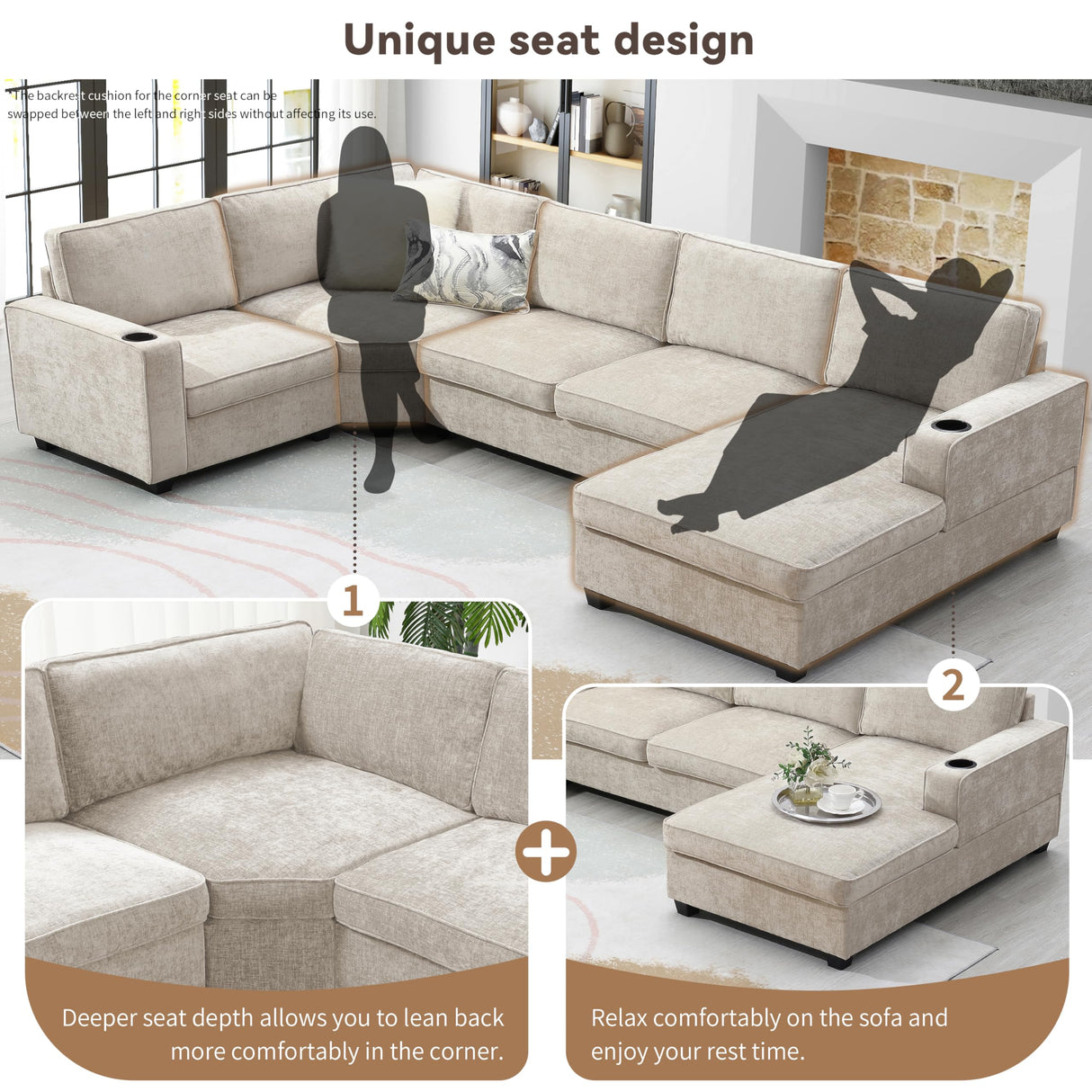 Merax 119" U Shaped Sectional Sofa, 6 Seat Chenille Corner Couch Set with Oversized Chaise Lounge, Comfy with Cup Holders for Living Room, Apartment, Beige Merax
