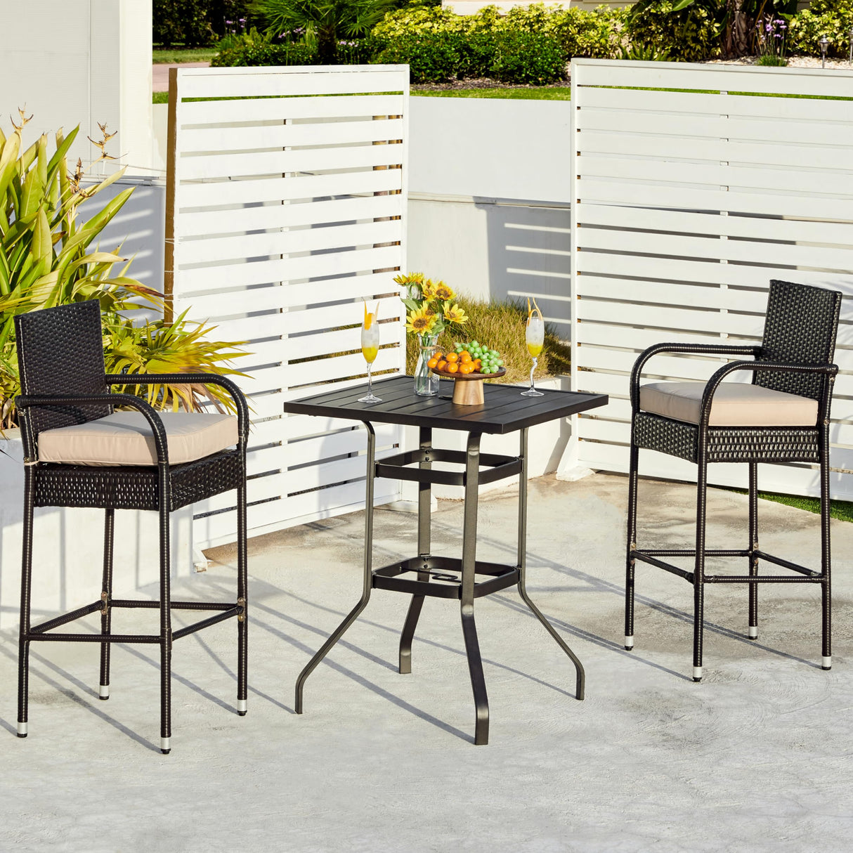 Yaheetech Outdoor Height Bar Table, Square Patio Bistro Table with Umbrella Hole and Slatted Metal Tabletop, Outside Furniture for Garden Lawn Poolside, Black Yaheetech