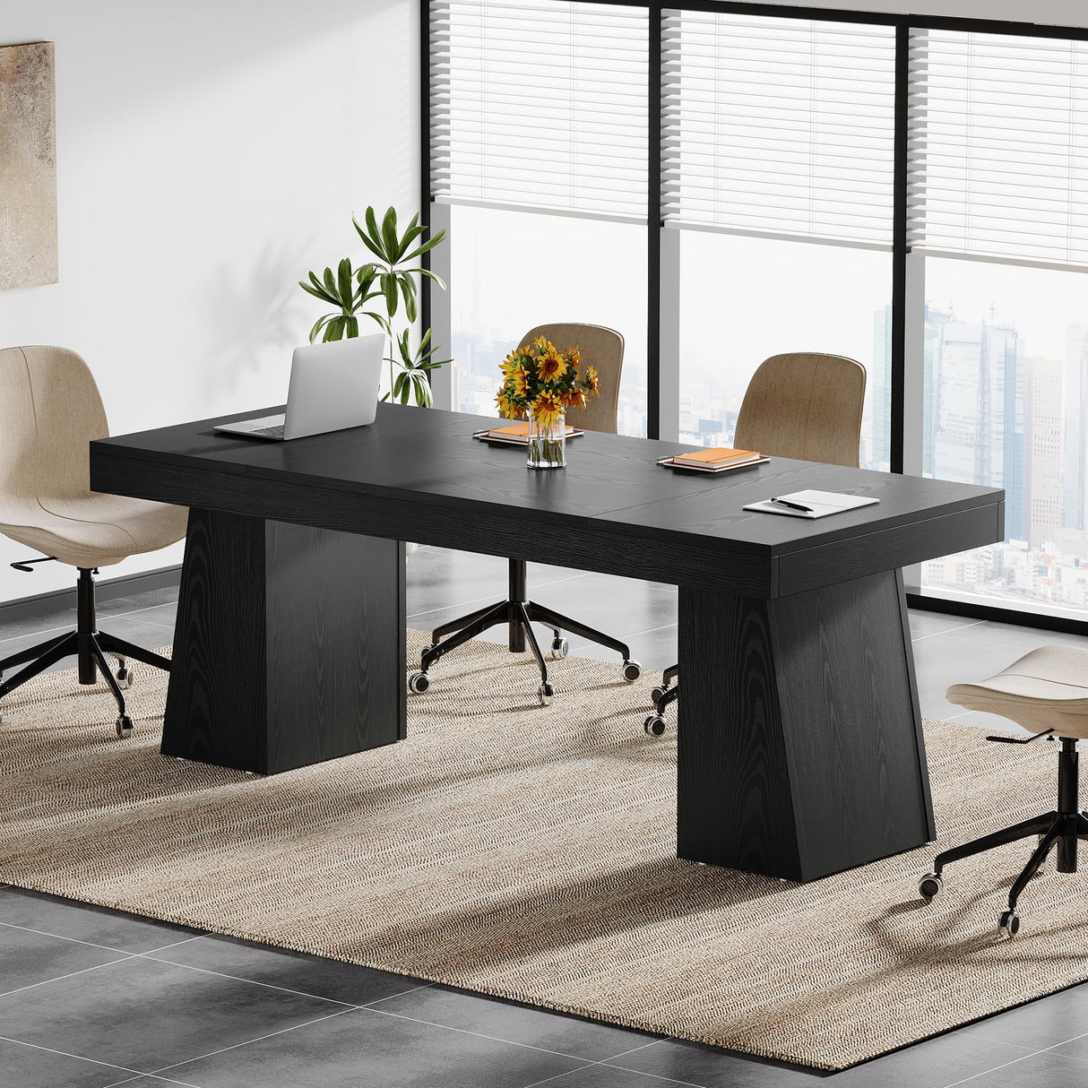 Tribesigns 55.1" W Conference Table for 4-6 People, Modern Meeting Table with Thick Tabletop and Double Trapezoidal Legs, Small Wood Seminar Desk Office Furniture for Conference Room, Black Tribesigns