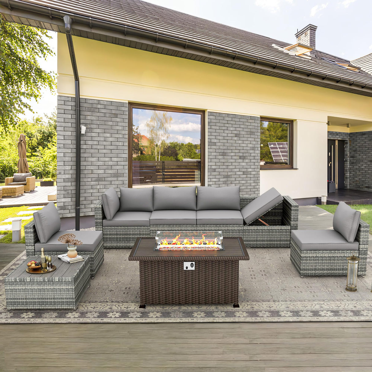 HOMREST 8 Pieces Outdoor Patio Furniture Set with 44" Propane Fire Pit Table, PE Rattan Sectional Sofa Conversation Set w/Adjustable Bracket,Wood Coffee Table for Backyard (Grey) HOMREST