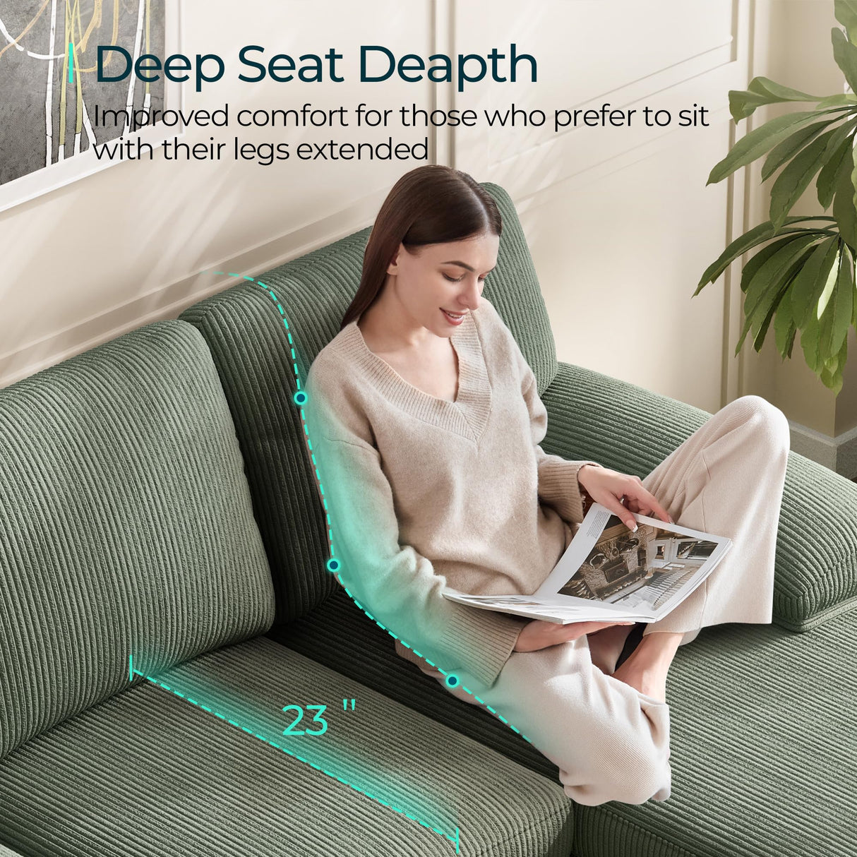 LINSY HOME U Sectional Couch, 111'' W Corduroy Sofa with Sleepable Armrests, 4 Seat Couch with Double Chaises, Deep Sofa for Living Room, Army Green LINSY HOME