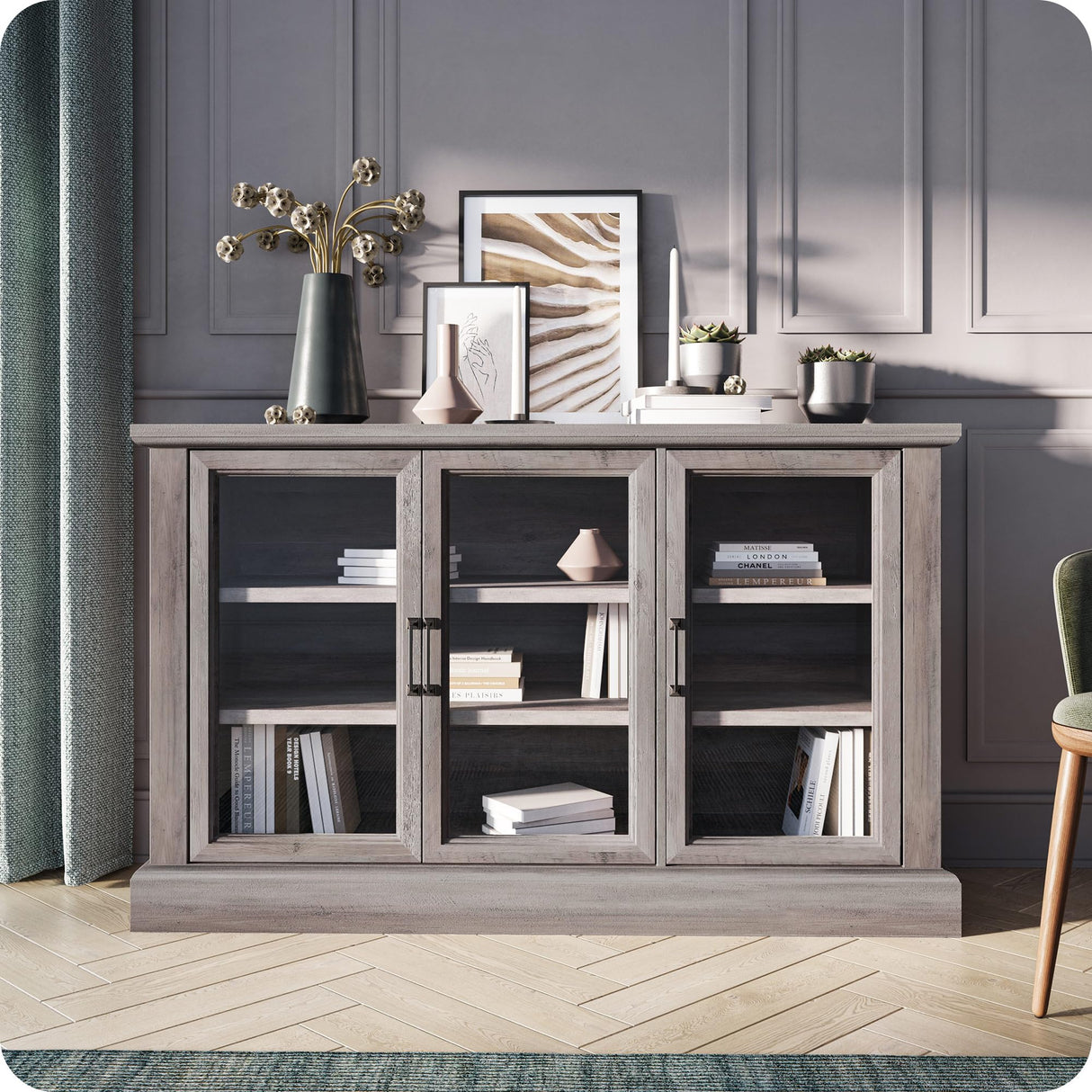 BELLEZE Sideboard Buffet Cabinet, 55” Entertainment Center Modern Wood Glass-Buffet-Sideboard with Storage Cabinet Console Table Adjustable Shelves for Dinning Room Living Room Hallway, Gray Wash BELLEZE