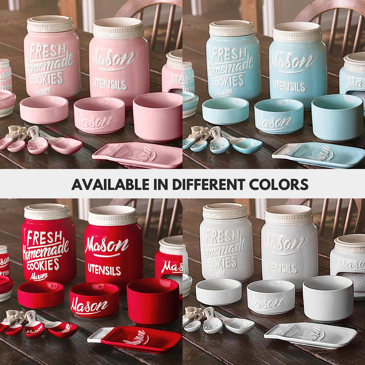 Farmhouse Canisters Sets for the Kitchen - Mason Jar Ceramic Kitchen Utensil Holder, Spoon Rest, Cute Cookie Jar, Salt & Pepper Shaker Sets, Sponge Holder, Measuring Cups & Spoons (White,17-Pc Bundle) Goodscious