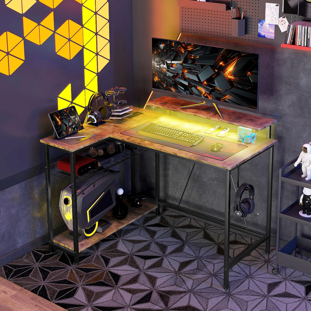 HOMCOM 42" L Shaped Desk with LED Lights, Power Outlet, USB Charging Ports, Reversible L Shaped Computer Desk with Storage Shelves, Monitor Stand, Corner Gaming Desk for Home Office, Rustic Brown HOMCOM