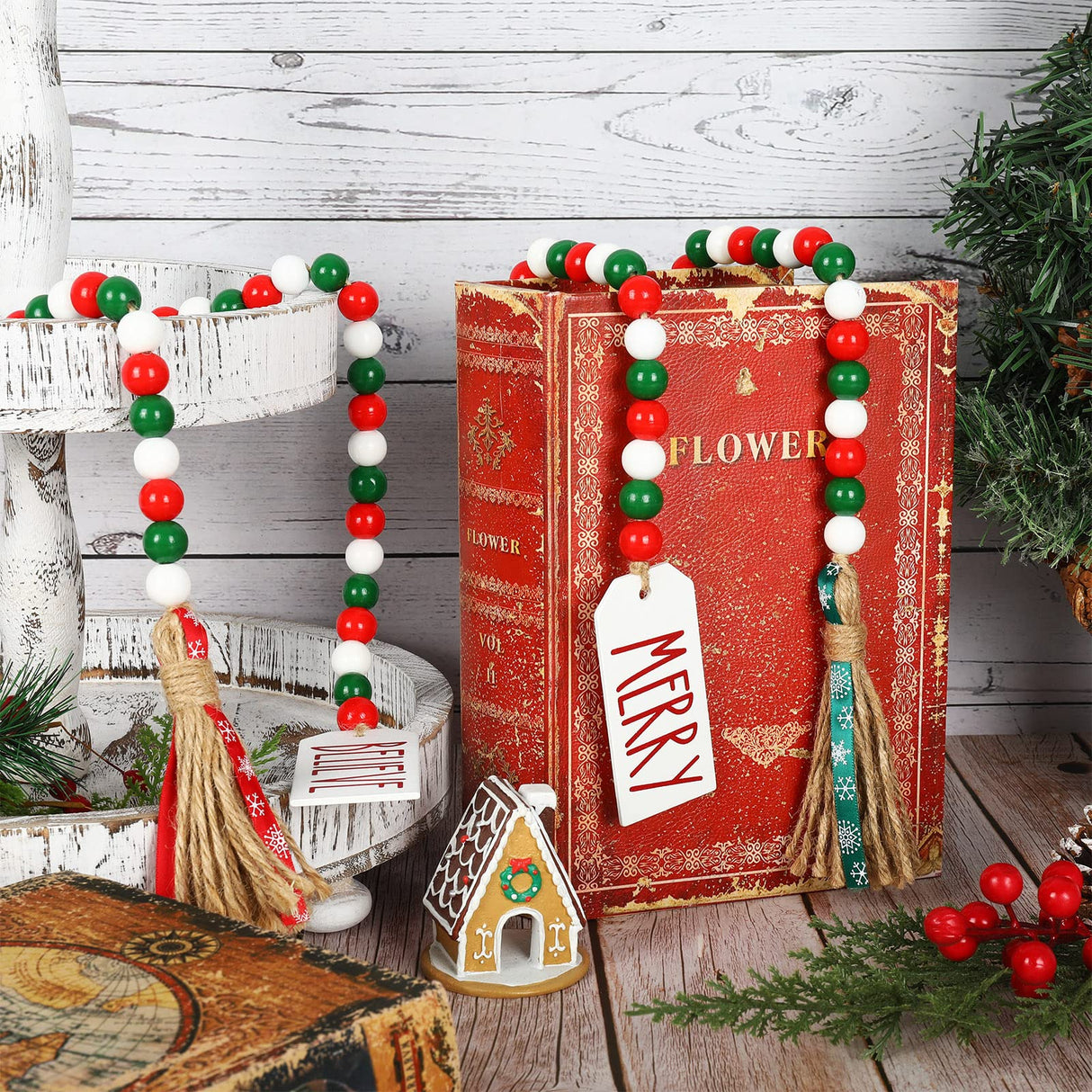 Whaline 2Pcs Christmas Wooden Bead Garlands Xmas Natural Wood Bead Garland with Rope Tassel Classical Red Green Beads Hanging Decor for Farmhouse Tiered Tray Home Wall Decor Christmas Party Suppliers Whaline