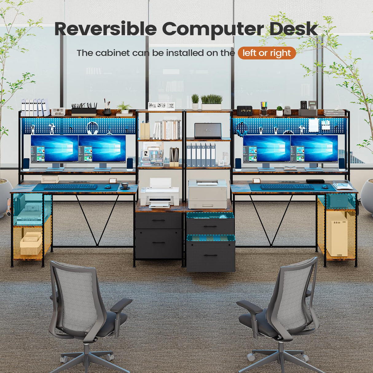 VIGKOOK 65in Gaming Desk with Hutch and Power Outlets, LED Lights, 2 Drawers, and Ample Storage in Rustic Brown VIGKOOK