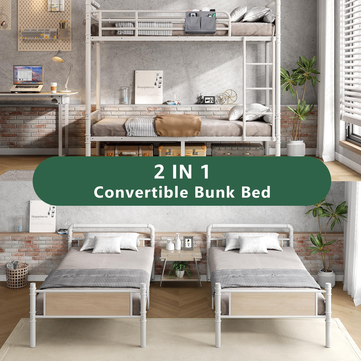 Jocoevol Metal Bunk Bed Twin Over Twin, Industrial Bunkbeds Heavy Duty Bed with Safety Guard Rails and Space-Saving Design, Steel Bed for School, Bedroom (White) Jocoevol
