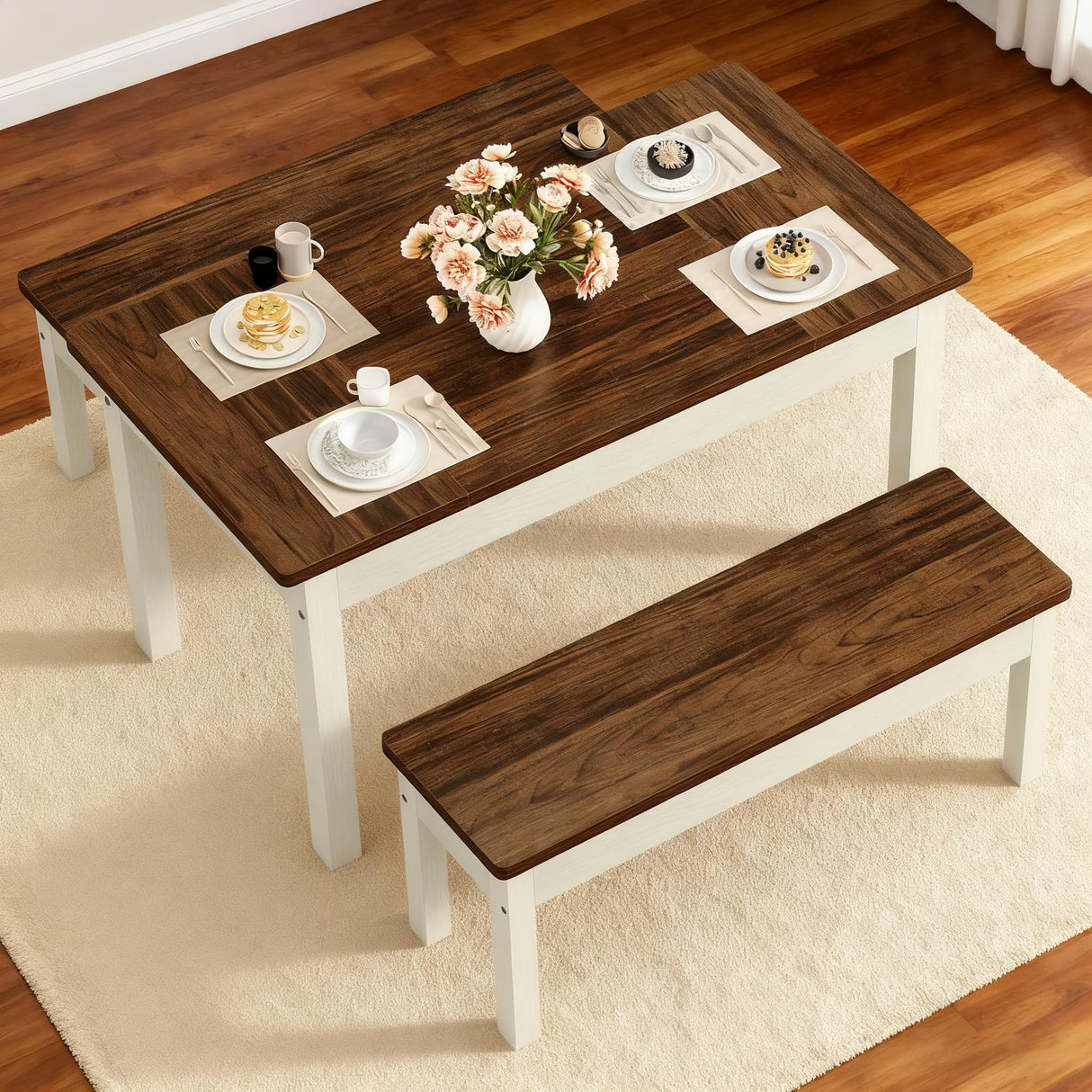 LITTLE TREE Dining Table Set for 4, Small Space Saving Farmhouse Kitchen Chairs, Compact 3-Piece Kitchen and Dining Room Furniture with 2 Wood Benches LITTLE TREE