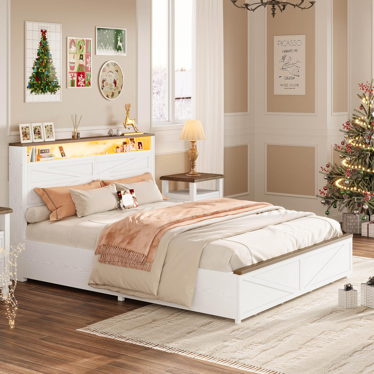 IRONCK Farmhouse Queen Size Bed Frame with LED Light and Charging Station, Wood Bed Frame with Storage Headboard and 2 Drawers, Barn Door Design, Sturdy and Noiseless, White IRONCK