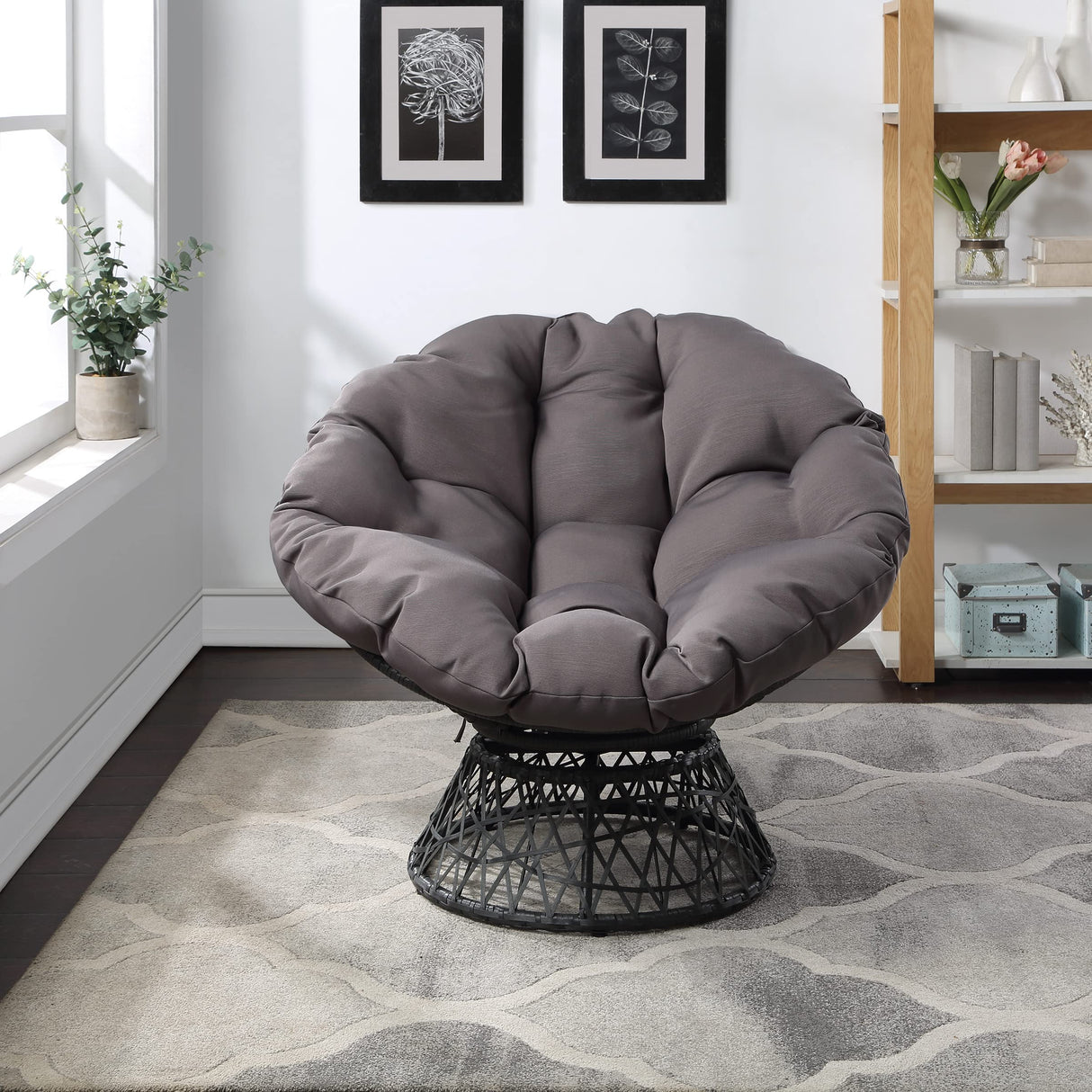 OSP Home Furnishings Wicker Papasan Chair with 360-Degree Swivel, Grey Frame with Grey Cushion OSP Home Furnishings
