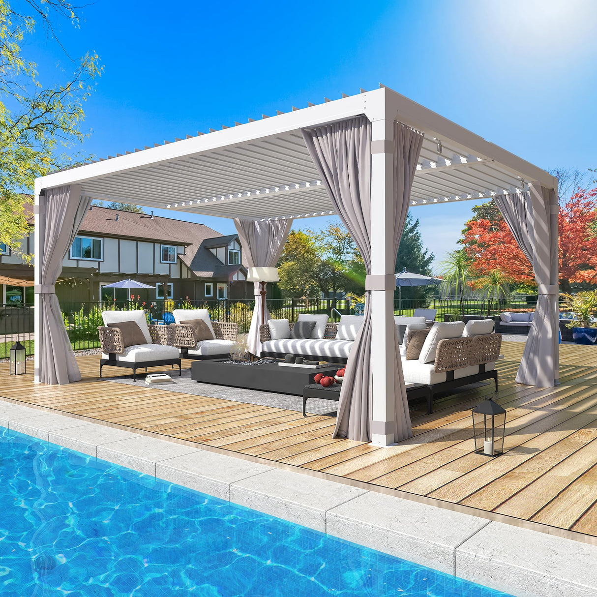 YOLENY Louvered Pergola 10x12, All Aluminum Pergola with Adjustable Rainproof Roof, Outdoor Pergola with Curtains and Nets for Patio & Garden, White YOLENY