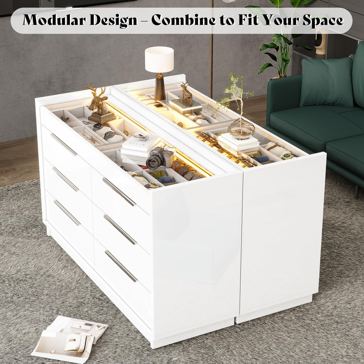 AMERLIFE 47.2" W 8 Drawer Dresser with LED Light & Glass Top, Modern High Gloss Storage Chest with 2 Jewelry Drawers, Storage Organizer for Bedroom, White AMERLIFE