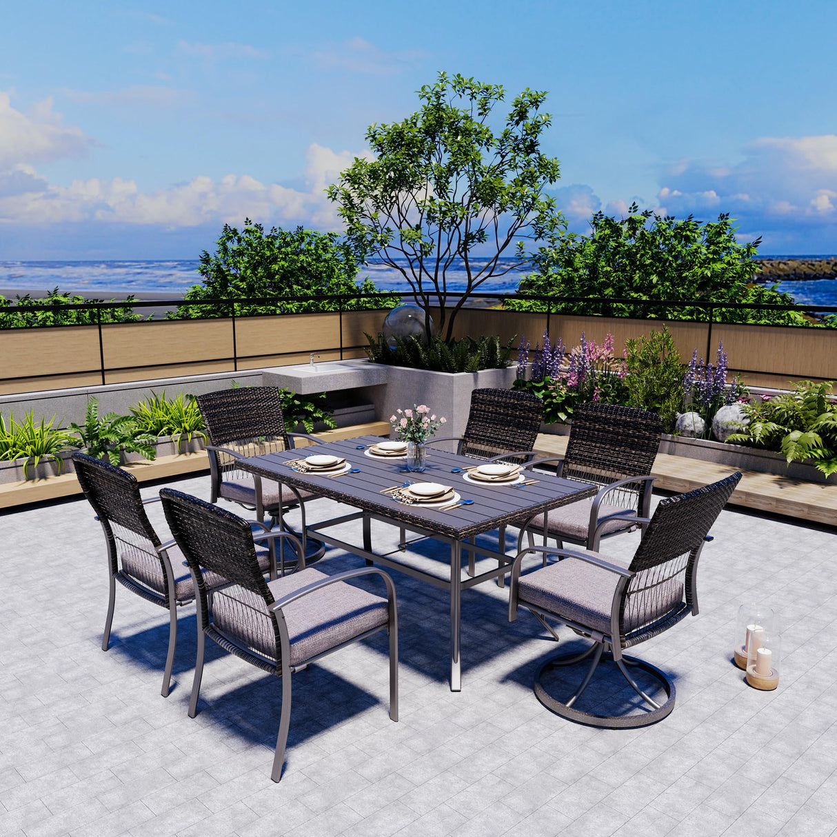Pamapic 7 Piece Patio Dining Set for 6,Outdoor Wicker Furniture Set for Backyard Garden Deck Poolside with 4 Dining Chairs and 2 Swivel Rockers,Iron Slats Table Top, Removable Cushions(Gray) Pamapic