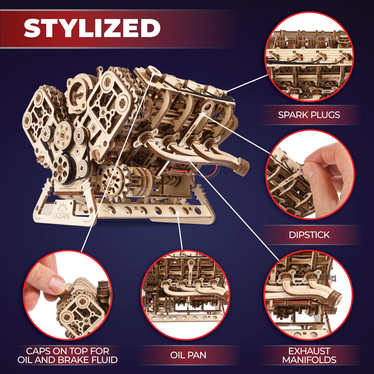 UGEARS V8 Engine Model Kit - Advanced 3D Wooden Puzzles for Adults - DIY Kits Gifts for Engineers - 3D Puzzle Model Engine Kit for Adults for Father's Day, Birthdays, Christmas - 776 Pcs UGEARS