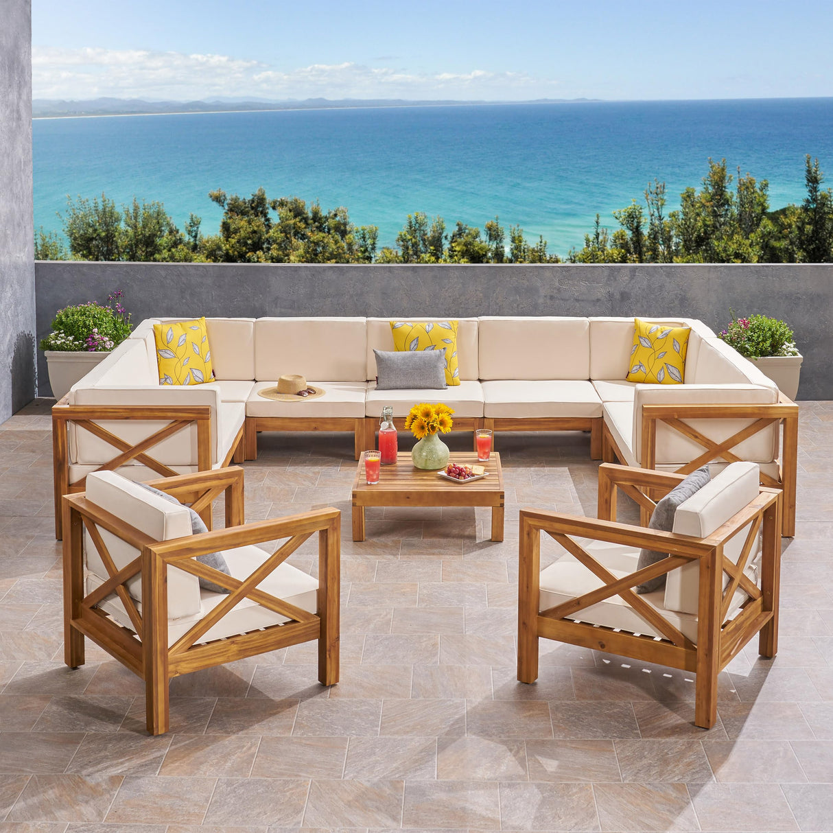 Christopher Knight Home Brava Outdoor Acacia Wood 11 Seater Sectional Patio Sofa Furniture Chat Conversation Sets with Cushions and Coffee Table, 28 "W x 30.25 "D x 26.5 "H, Teak + Beige Christopher Knight Home