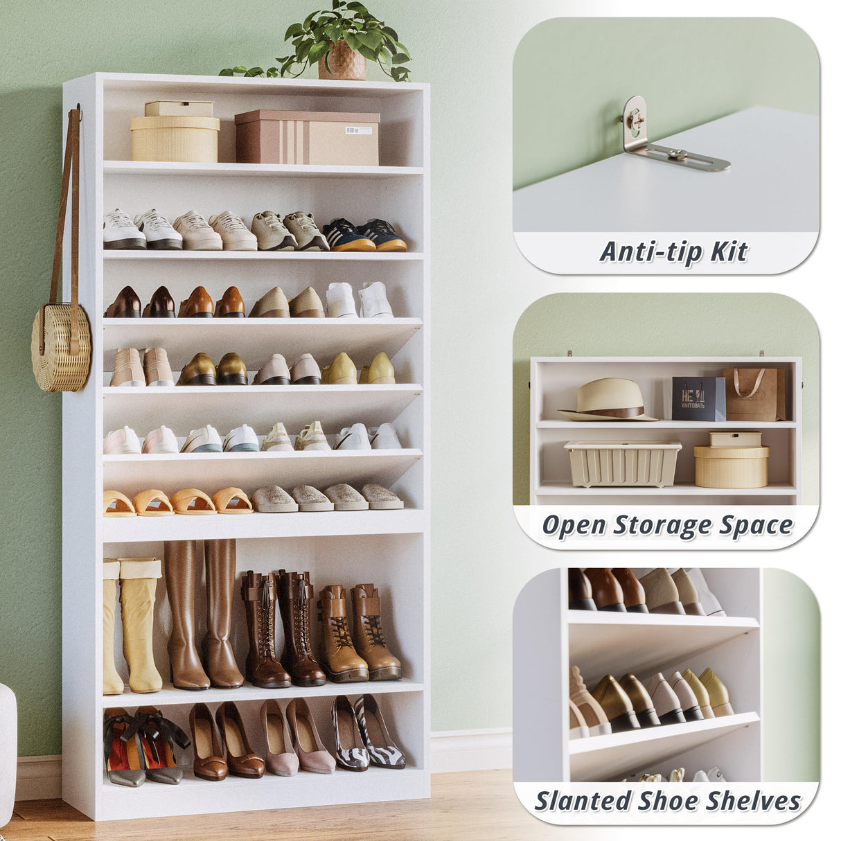 IRONCK Shoe Storage Cabinet, 10-Tier Shoe Organizer for Closet Entryway, Wooden Shoe Rack Holds 36 to 52 Pairs, Adjustable Shelves & Hook, Entryway Furniture Shoe Cabinet IRONCK
