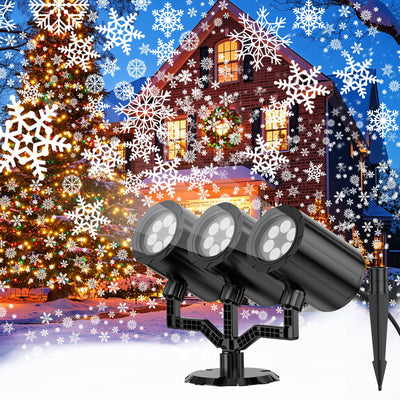 YAGOPAL Christmas Snowflake Projector Lights Outdoor 360°Rotating Brightness Three Head Projection Lights Decor Suitable for Christmas, Indoor and Outdoor Party Decorations