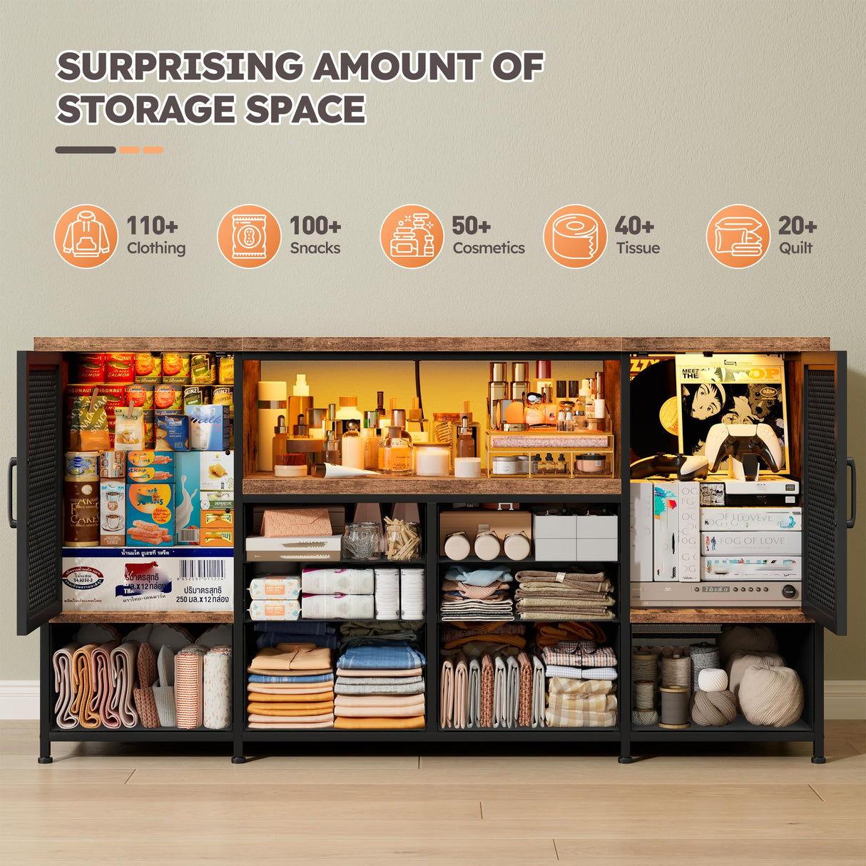 EnHomee Dresser for Bedroom with Power Outlets & LED Lights,49.2" W Bedroom Dresser for 60" TV Stand,Mesh Door,8 Drawers & 2 Large Cabinet,Chests of Drawers for Bedroom,Closet,Entryway,Rustic Brown EnHomee