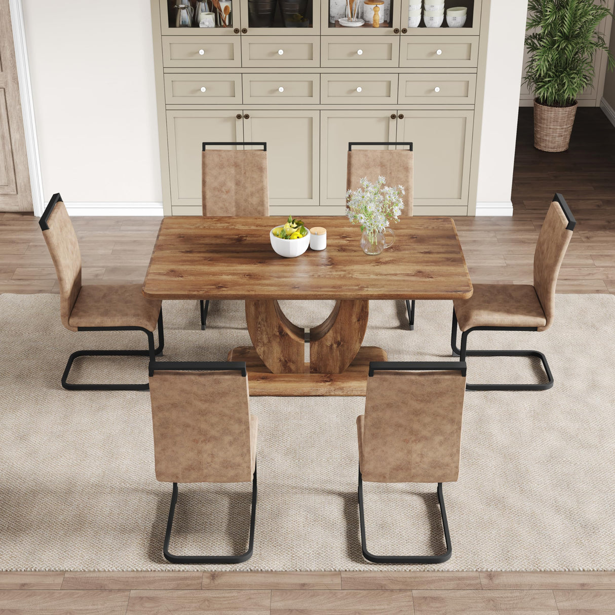 Btikita Dining Table Set for 6, Kitchen Table Chairs Set of 6, Modern Dining Room Set with 63 inch Wood Dinner Table Leather Upholstered Chairs for Kitchen (Brown, Wood Table with 6 Chairs) Btikita