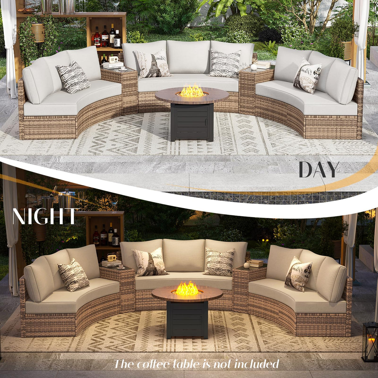 PaPaJet 11-Piece Patio Furniture Set, Half-Moon Outdoor Wicker Sectional Sofa with Large Storage Wedge Table, All-Weather Wicker Conversation Set for Backyard, Garden, or Deck, Beige PaPaJet
