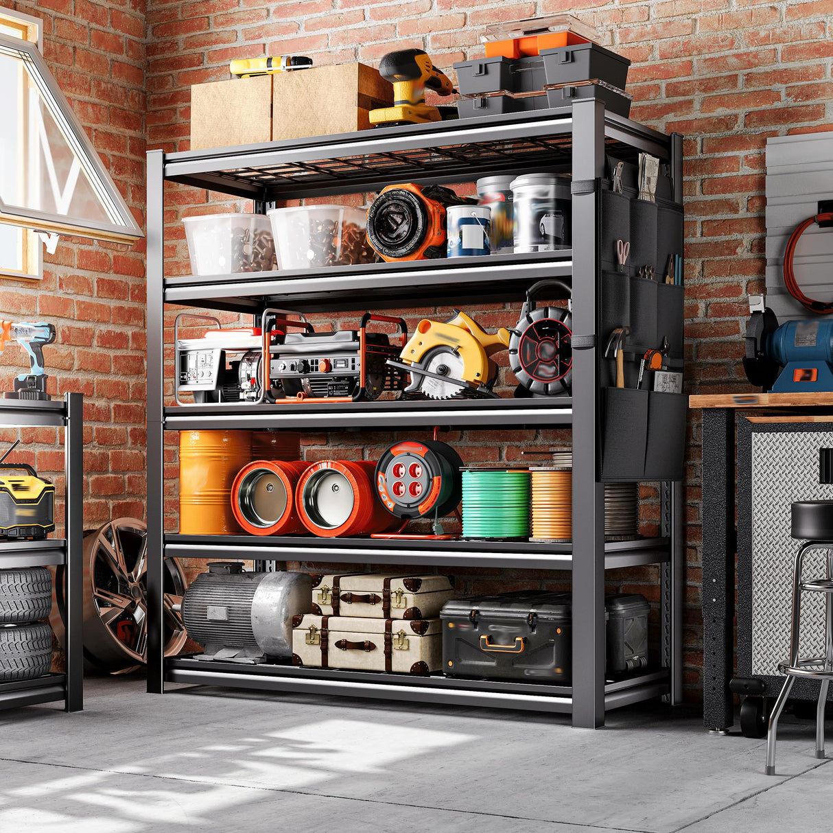 REIBII Storage Shelves, Heavy Duty Garage Shelving Load 2500LBS, 5-Tier Garage Shelves with Tool Storage Bag, Adjustable Industrial Metal Shelving for Basement, 66" H x38.2 W x16 D, Black REIBII