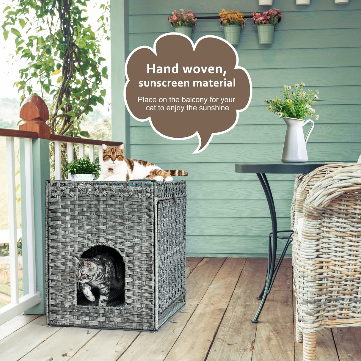 Cat Litter Box Enclosure with Soft Litter Mat; Hidden Washroom Furniture with Door; Handwoven Rattan Cat House with Large Space; Pet Crate for Living Room, Bedroom, Balcony (Grey) Honiakaka