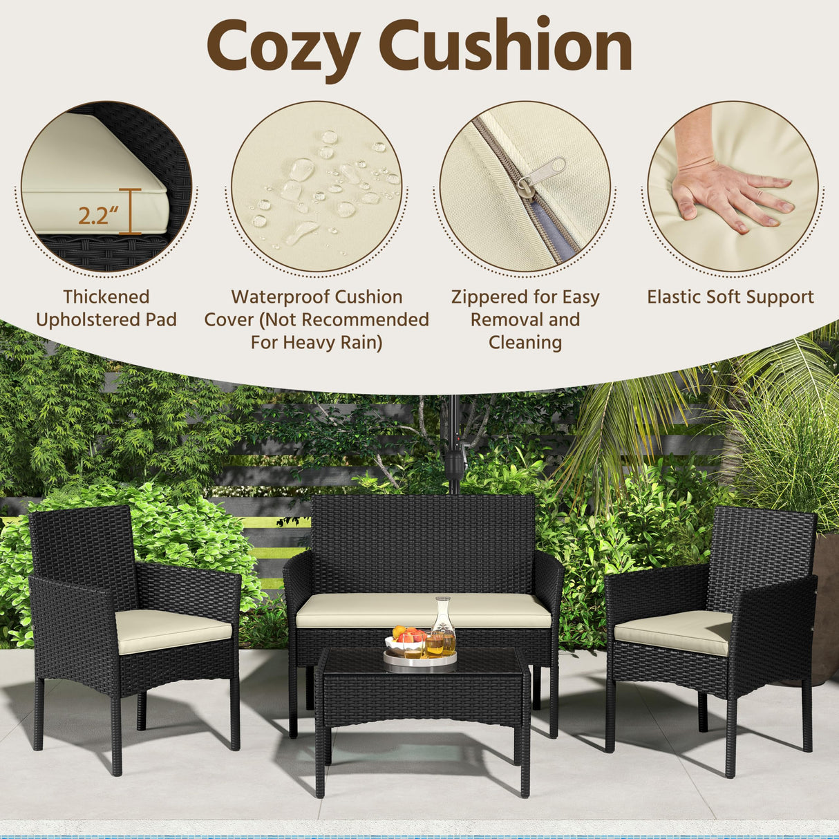 Yaheetech Patio Furniture Set 4 Pieces Conversation Sets, Rattan Chair Wicker Set Loveseat with Soft Cushion and Glass Table for Backyard Porch Garden Poolside Balcony, Black and Beige Yaheetech