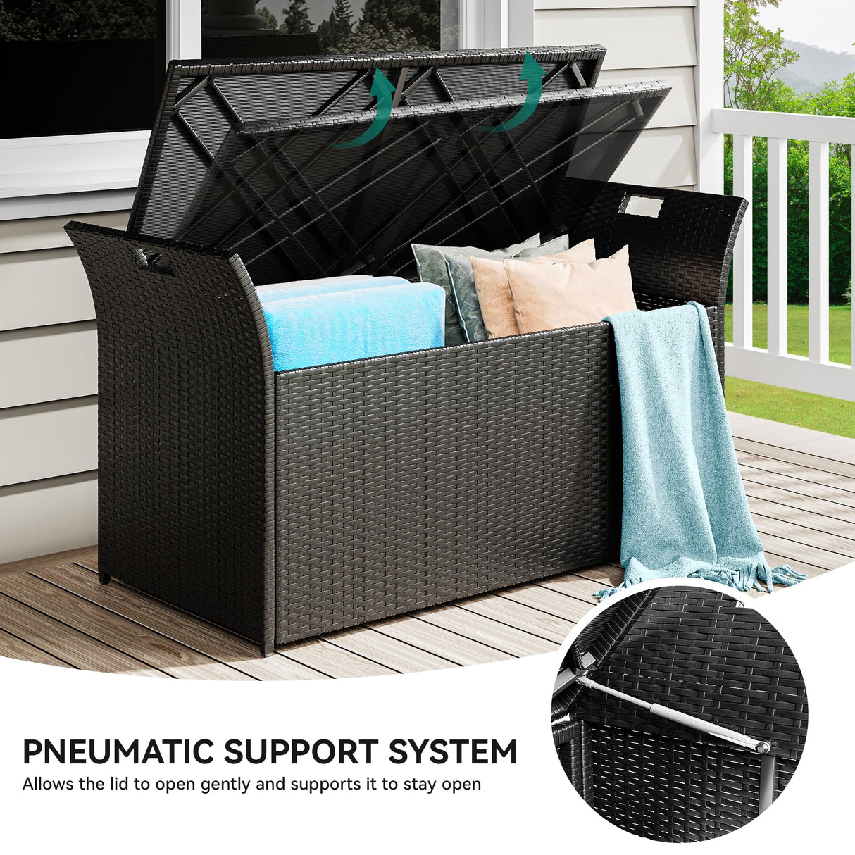 YITAHOME 90 Gallon Outdoor Wicker Storage Bench w/Cushion, Large PE Rattan Deck Storage Box w/Handles & Hydraulics for Patio Furniture, Cushions, Garden Tools, Pool & Sports Equipment, Black&Beige YITAHOME
