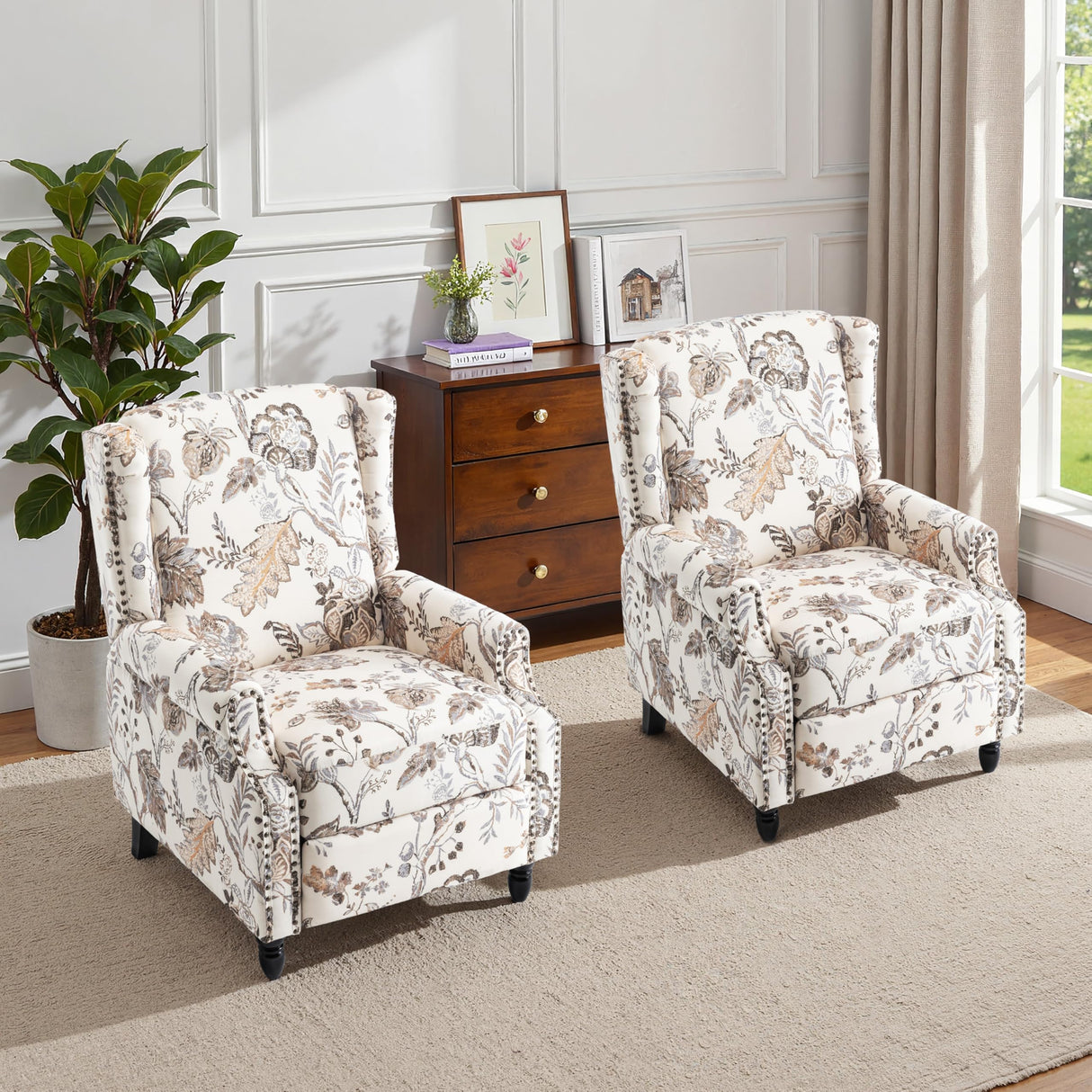Pushback Recliner Chair Set of 2, Floral Fabric Wingback Recliner Chair, Upholstered Armchair Push Back Recliner, Rivet Trim Single Sofa Accent Chair with Wood Legs for Living Room, Plants Beige Lumibee