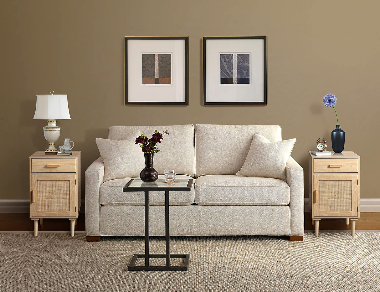 Finnhomy Tall Nightstands Set of 2, Night Stand, Bedside Table Set of 2 with Drawer and Shelf, Hand Made Rattan Decorated Doors, Nightstands with Storage for Bedroom, Natural, 2 Pack Finnhomy