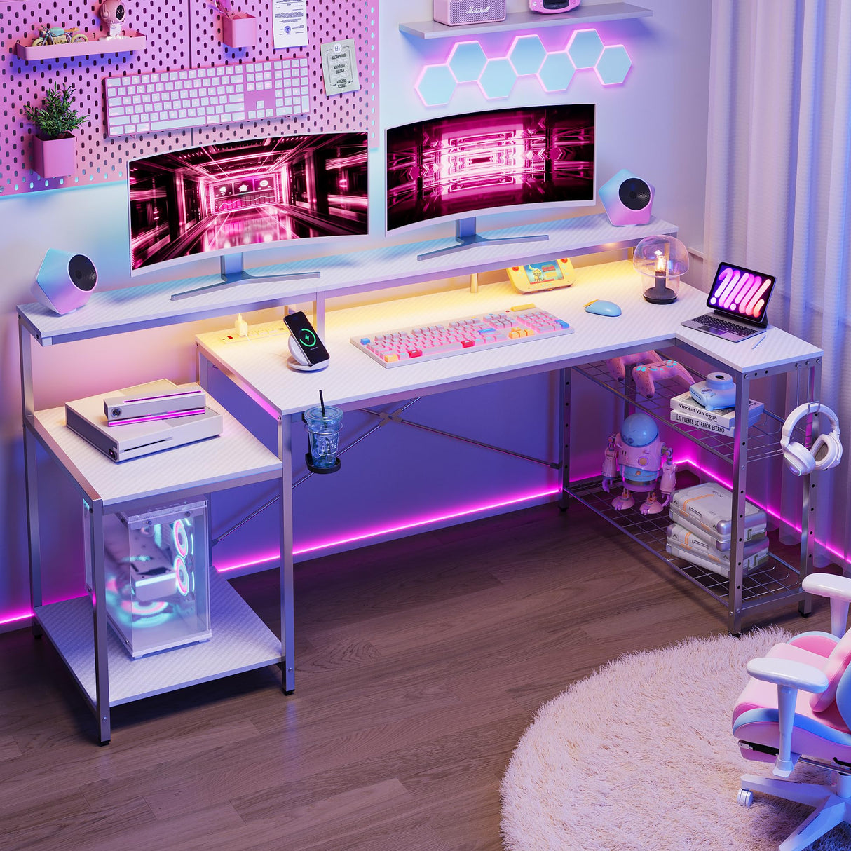 Bestier White Gaming Desk with Power Outlet, 71.5 LED Computer Desk with Monitor Stand, Large L Shaped Desk with Adjustable Shelf, Cup Holder & Headset Hooks, Corner Study Desk for Bedroom Bestier