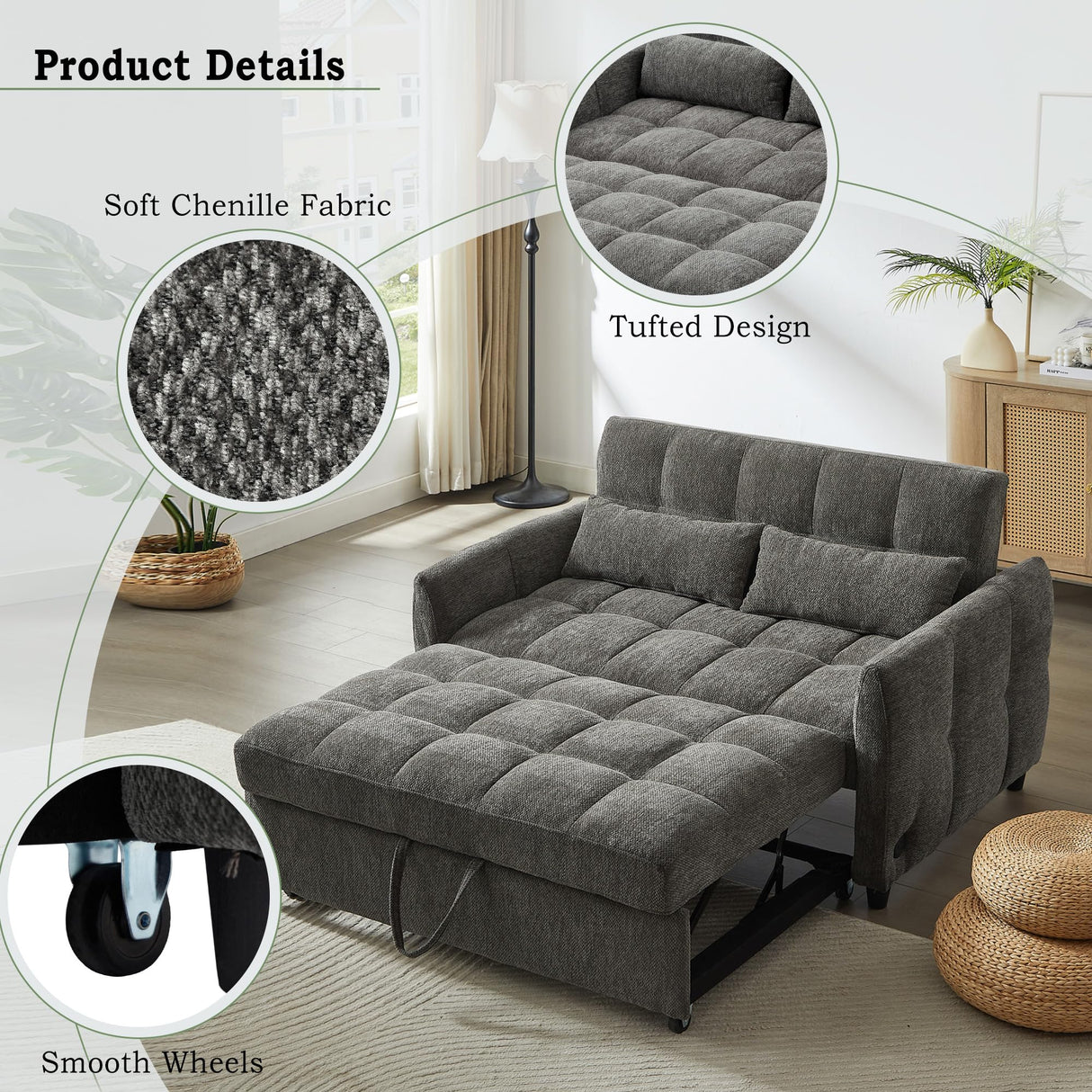 Merax 52.8" Loveseat Pull-Out Sofa Bed Tufted Sleeper Couch with Adjustable Backrest,3 USB Ports and 2 Lumbar Pillows Merax