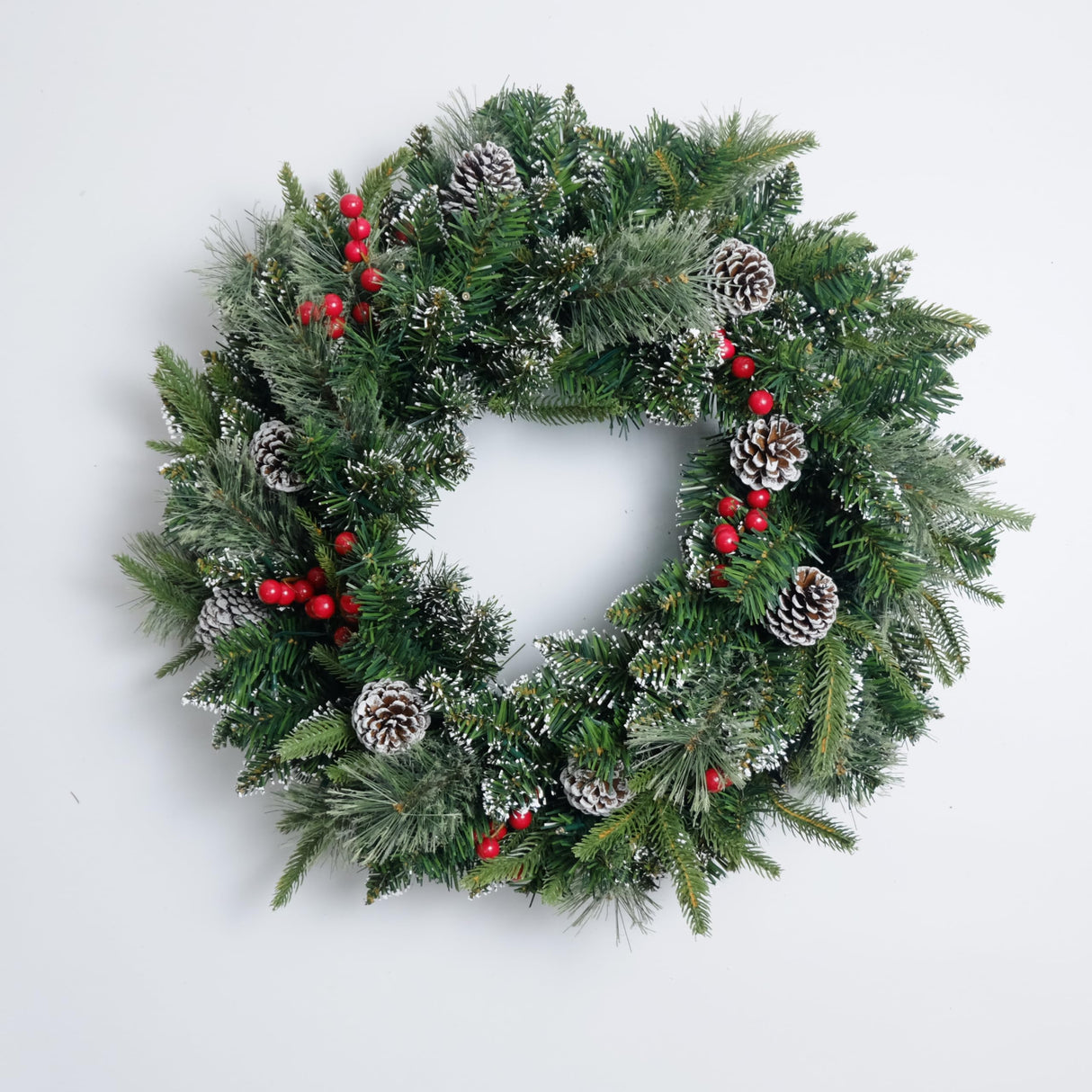 Christmas Wreath Snowy Pre-lit 24 inch with 50 Light & Pine Cone, Artificial Christmas Wreaths for Front Door with Lights, Wreath for Christmas Decoration Door Windows Wall Green HomeKaren