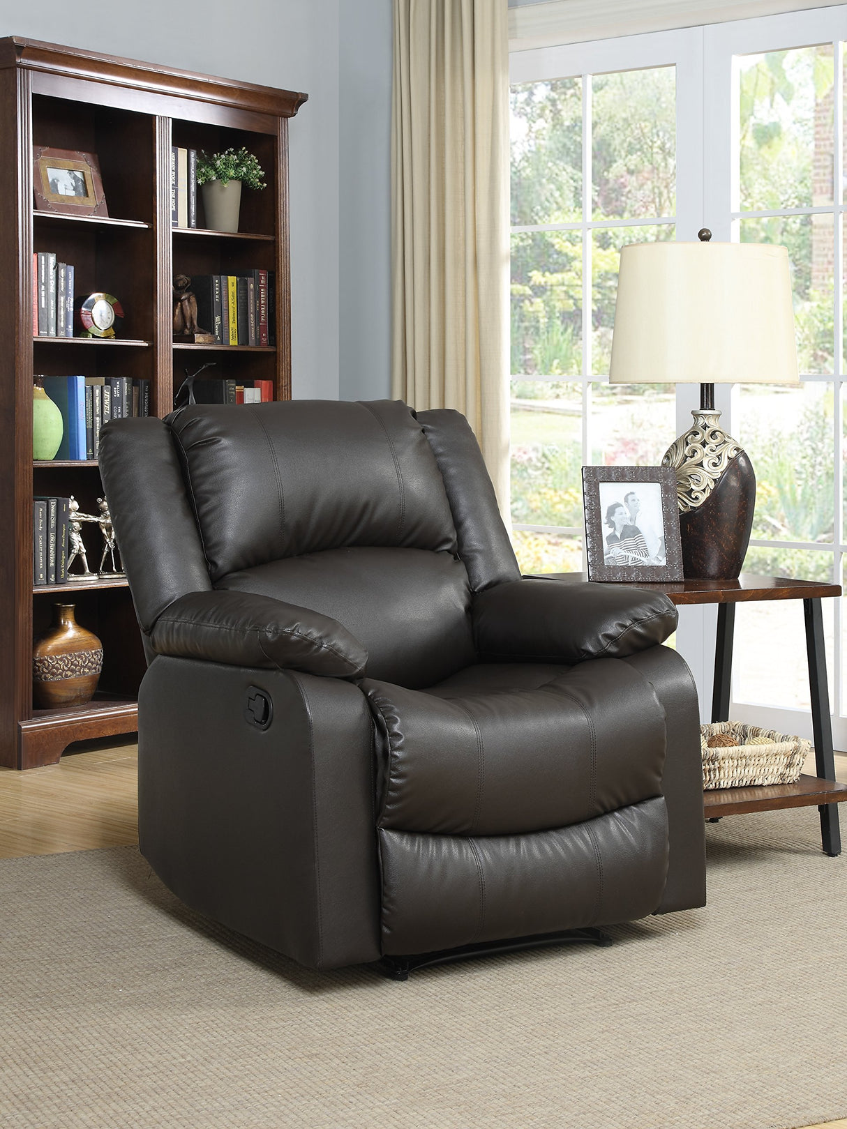 Relax-A-Lounger Warren 35.5" Manual Pull-Handle Recliner, Traditional Overstuffed, Pocket Coil Comfort, Black Metal Base Legs, Soft Vegan Leather Fabric, Java Relax-A-Lounger