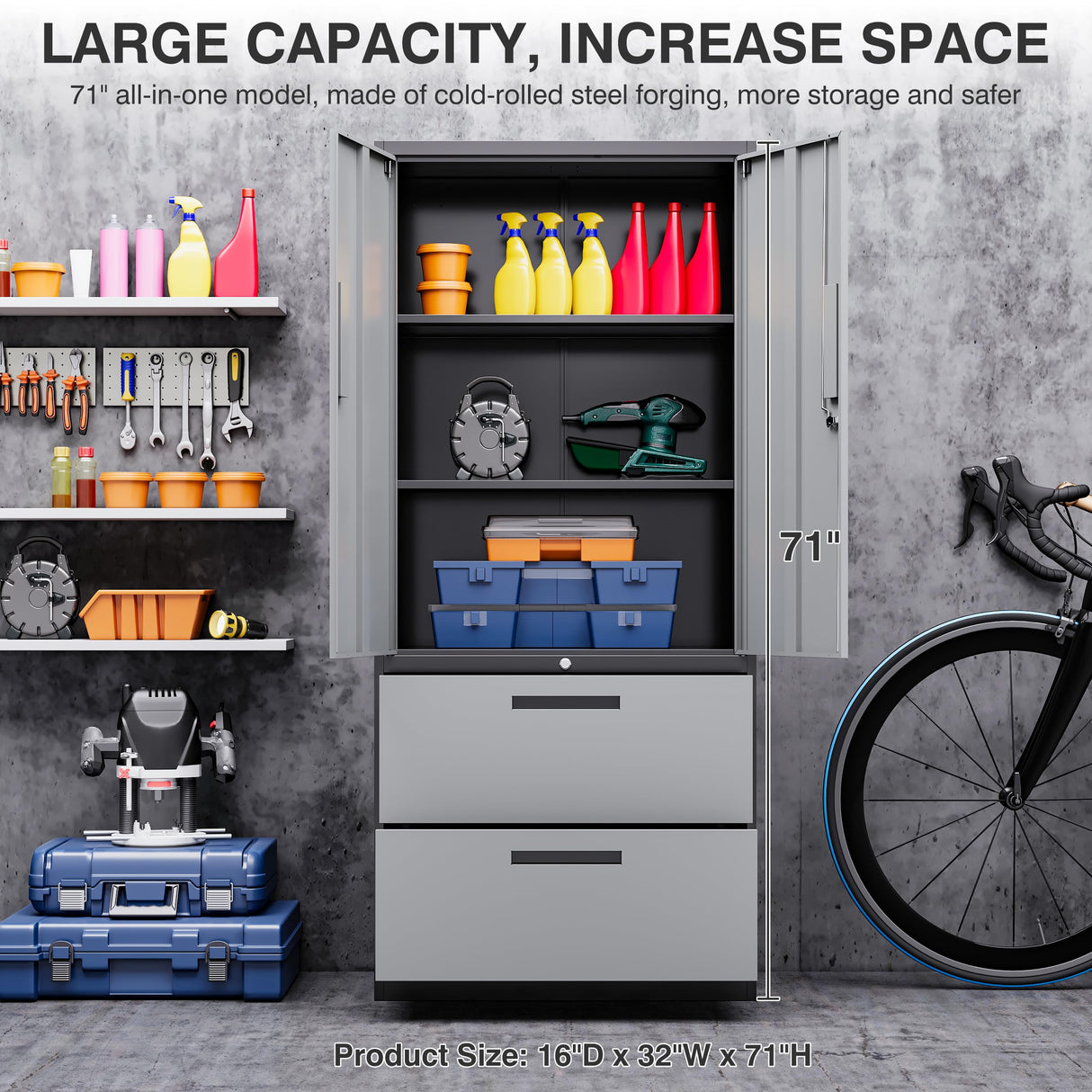 SISESOL Metal Storage Cabinet with Drawers, 71" File Cabinets for Home Office, Locking Steel Storage Cabinet with Doors and Shelves for Home, Office, Warehouse, Garage, School (Gray, 2 Drawers) SISESOL