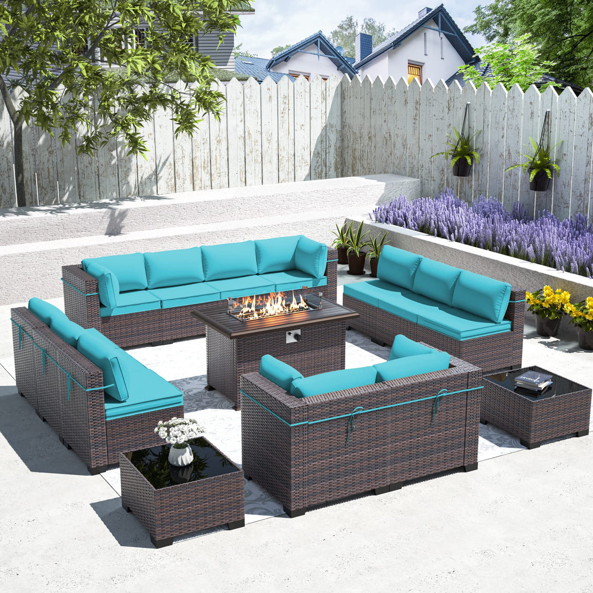ASJMR Outdoor Patio Furniture Set with Gas Fire Pit Table, 15 Pieces Outdoor Furniture Set Patio Sectional Sofa w/43in Propane Fire Pit, PE Wicker Rattan Patio Conversation Sets (Teal) ASJMR