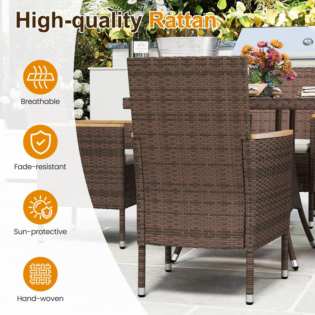 Wisteria Lane Patio Dining Sets for 8, All Weather Rattan Outdoor Table and Chairs with Acacia Wood Tabletop, Patio Dining Furniture with Removable Cushions for Deck Garden, Backyard, Brown Wisteria Lane