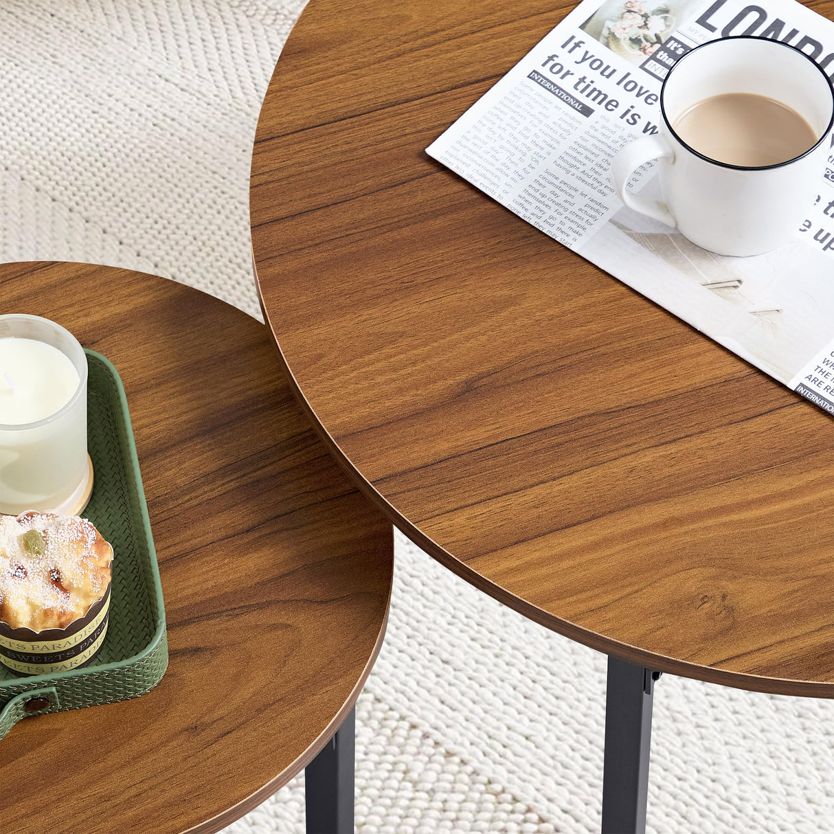 VECELO Nesting Coffee Table Set of 2, Wood Round Side Tables with Adjustable Non-Slip Feet, for Living Room, Brown VECELO