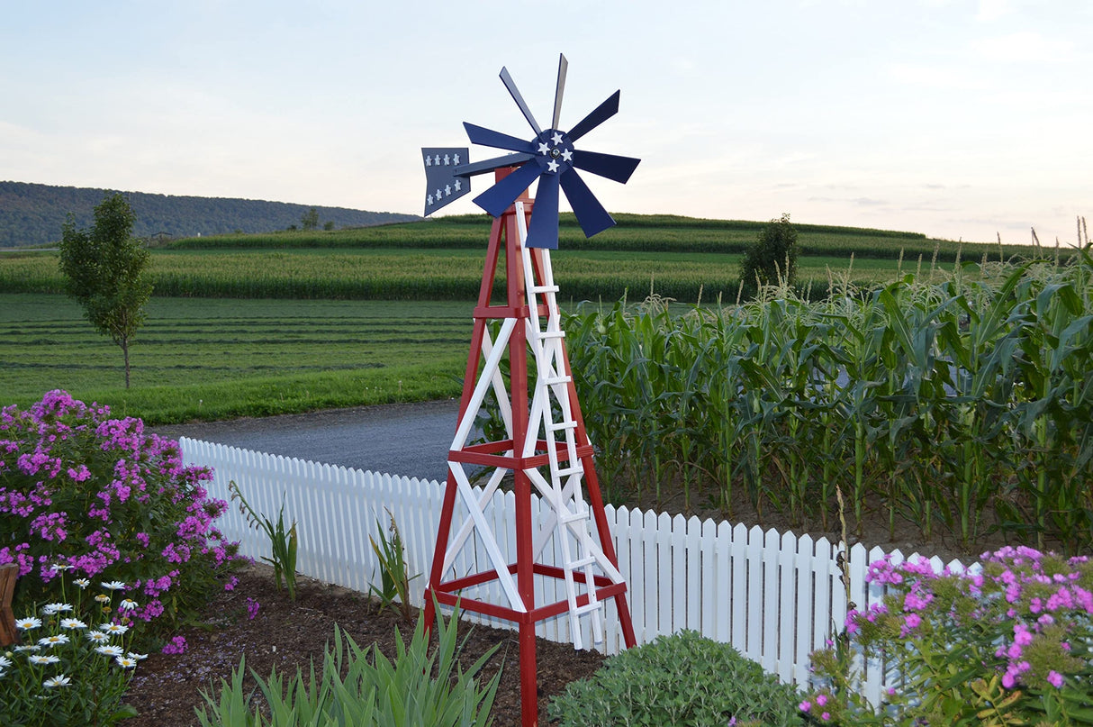 Amish-Made Farm Style Wooden Windmill Yard Decor, Patriotic Red White and Blue Amish Furniture Market