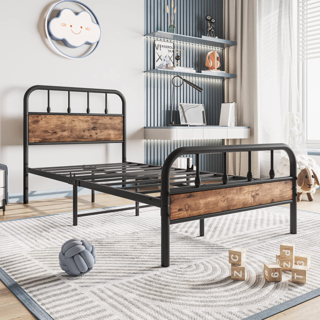 Elegant Home Products Metal Bed Frames with Heavy Duty Steel Slat,Hearboard and Footboard No Box Spring Needed Easy Assembly for Living Room(Twin,Black) Elegant Home Products