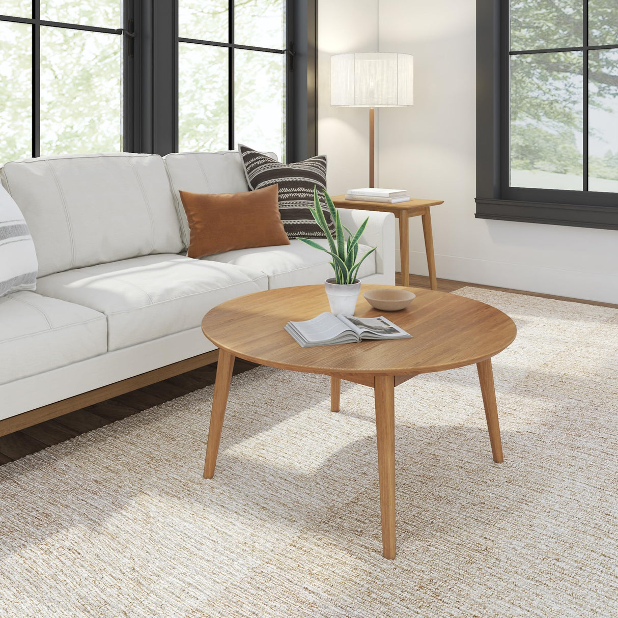 Plank+Beam Mid Century Modern Coffee Table, 36 Inch Wood Coffee Tables for Living Room, Round Center Table, Cocktail Table for Small Spaces, Pecan Plank+Beam