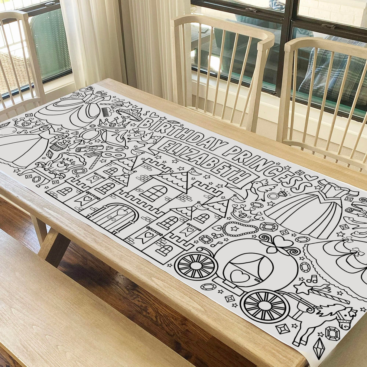 Tiny Expressions Personalized Princess Birthday Coloring Tablecloth - Rolled, No Creases 30" x 72" Giant Coloring Poster for Kids, Customizable with Child’s Name - Ideal for Princess-Themed Parties Tiny Expressions