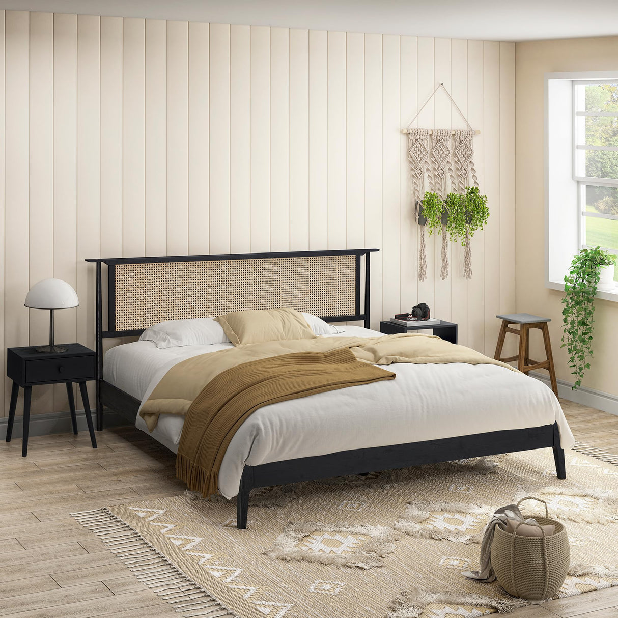 NTC Ruby Queen Bed Frame with Natural Rattan and Solid Oak, Effortless Assembly, Silent Slats - Burnt Black NTC