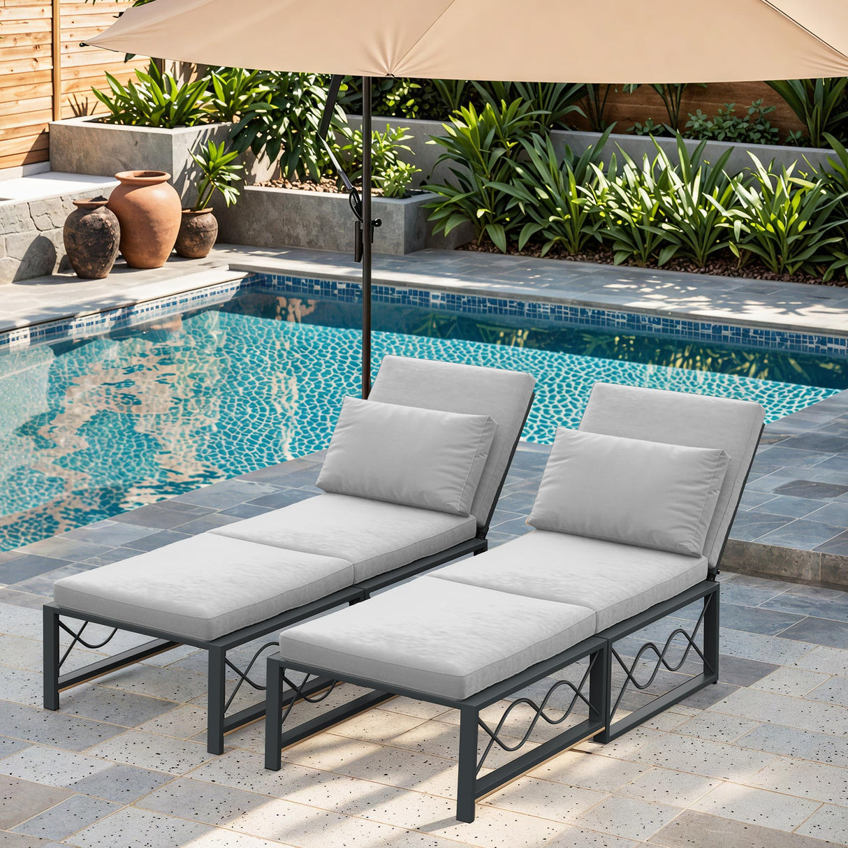 AECOJOY Outdoor Metal Chaise Lounge Chair, Convertible Patio Armchair with Cushions, Adjustable 5-Position Sun Recliner with Full Flat Tanning Function for Outside, Pool, 1 Pack AECOJOY